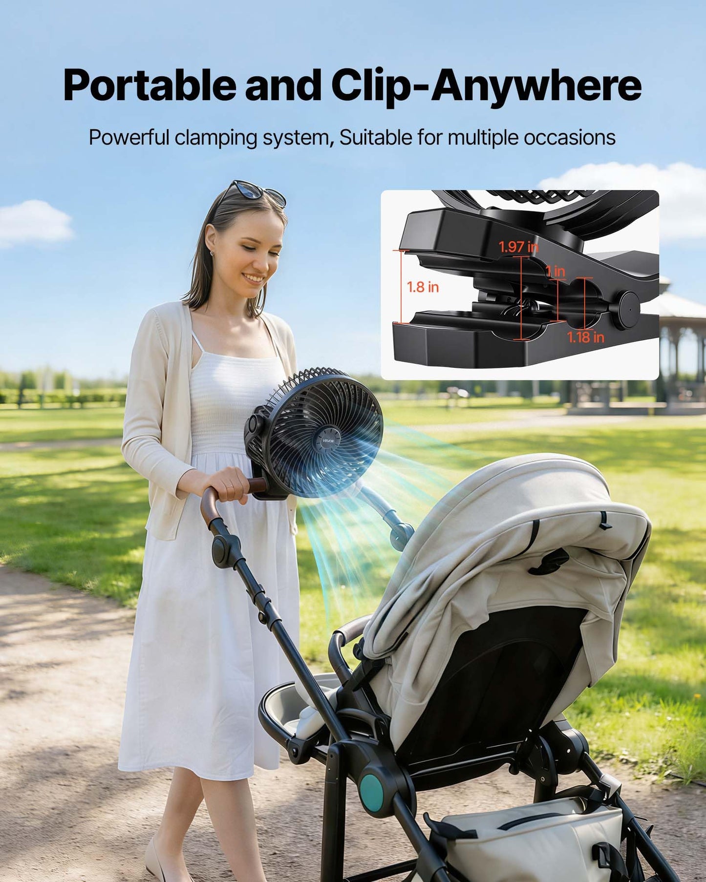 VEVOR Portable Clip Fan, 5000mah*2, 22h Max Runtime Rechargeable Clip On Fan, USB Port with 3 Speeds & Circulation Mode, Strong Airflow, for Desk