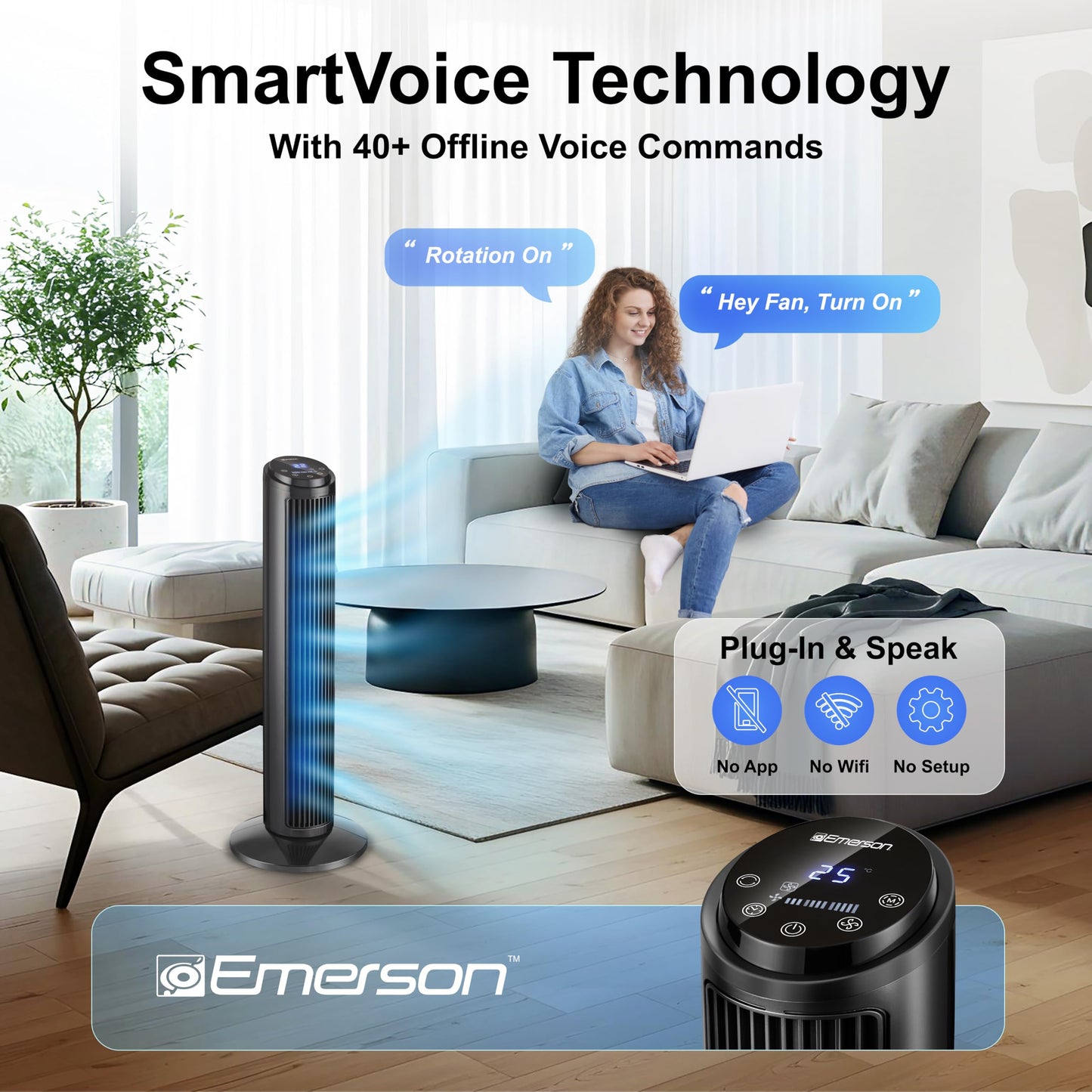 Emerson SmartVoice 29” Tower Fan, Wi-Fi Free Voice Control, Smart Tower Fan for Bedroom, 70° Oscillating, 3 Wind Speeds, 15-Hr Timer, Sleep Mode