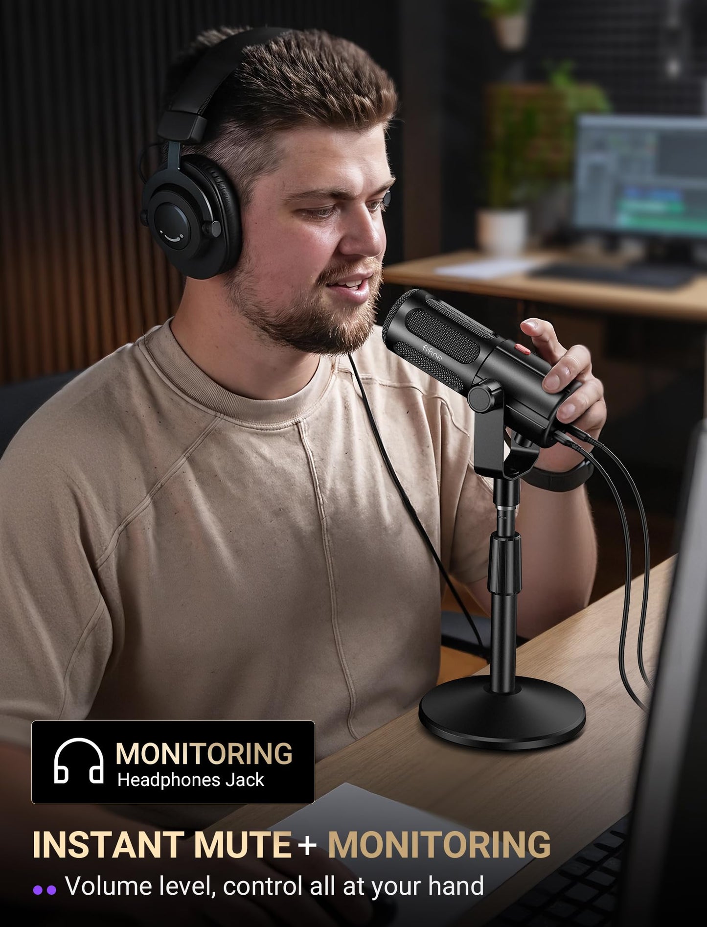 FIFINE AmpliTank TANK6S Vocal-Dynamic-Microphone, XLR-USB-Podcast-Microphone with Desktop Stand, Mute Button, Volume Knob, Studio Metal Built