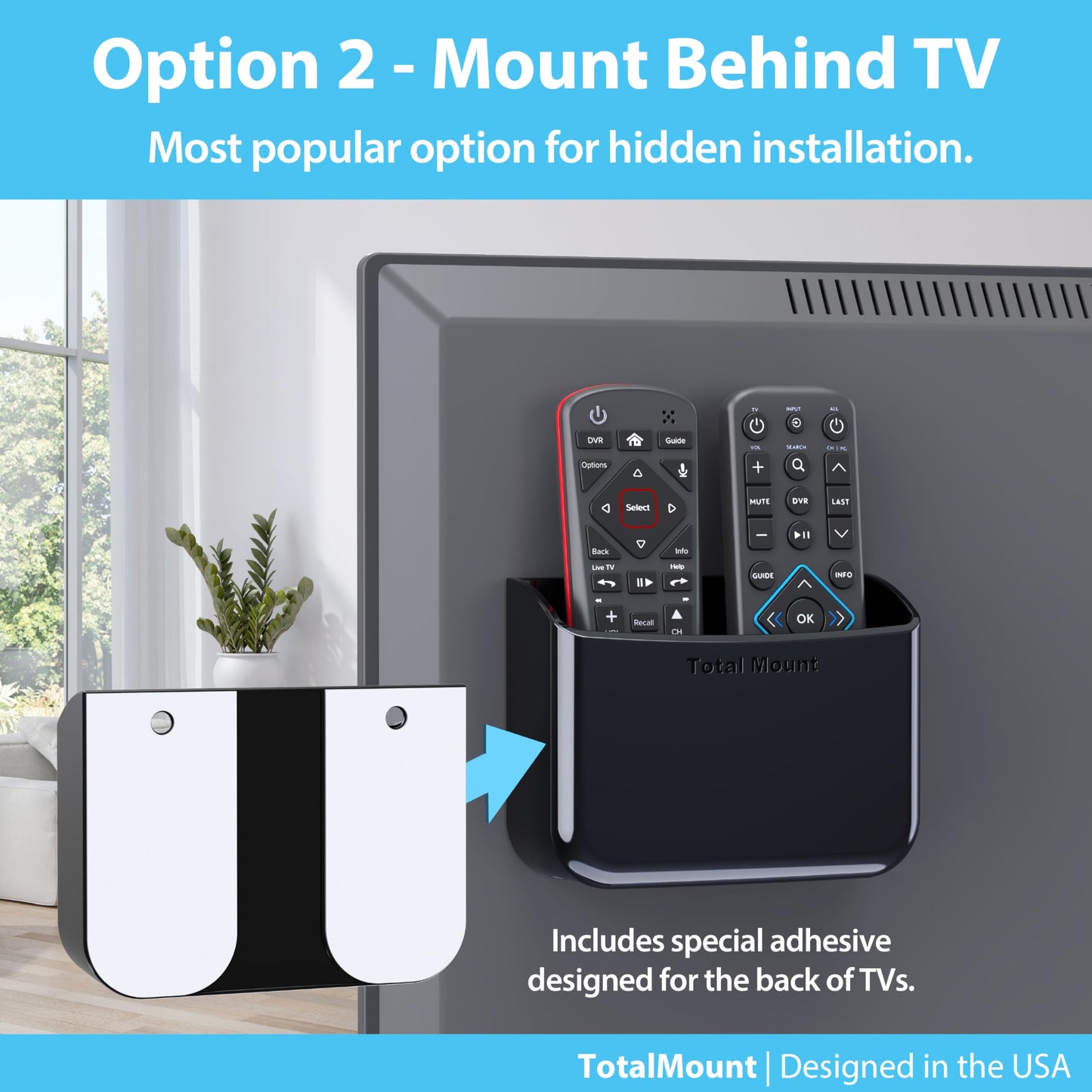 TotalMount Universal Remote Control Holder - Attaches to Wall or Back of TV - Compatible with All TV Remotes (Premium Black, Large Two Pack)