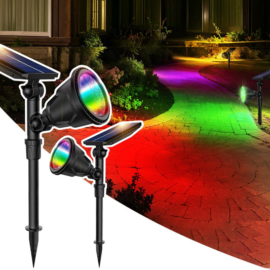JSOT 2 Pack Christmas Solar Spotlights, RGB Solar Spot Light Outdoor Waterproof Color Changing Landscape Lighting with 9 Lighting Options Decor
