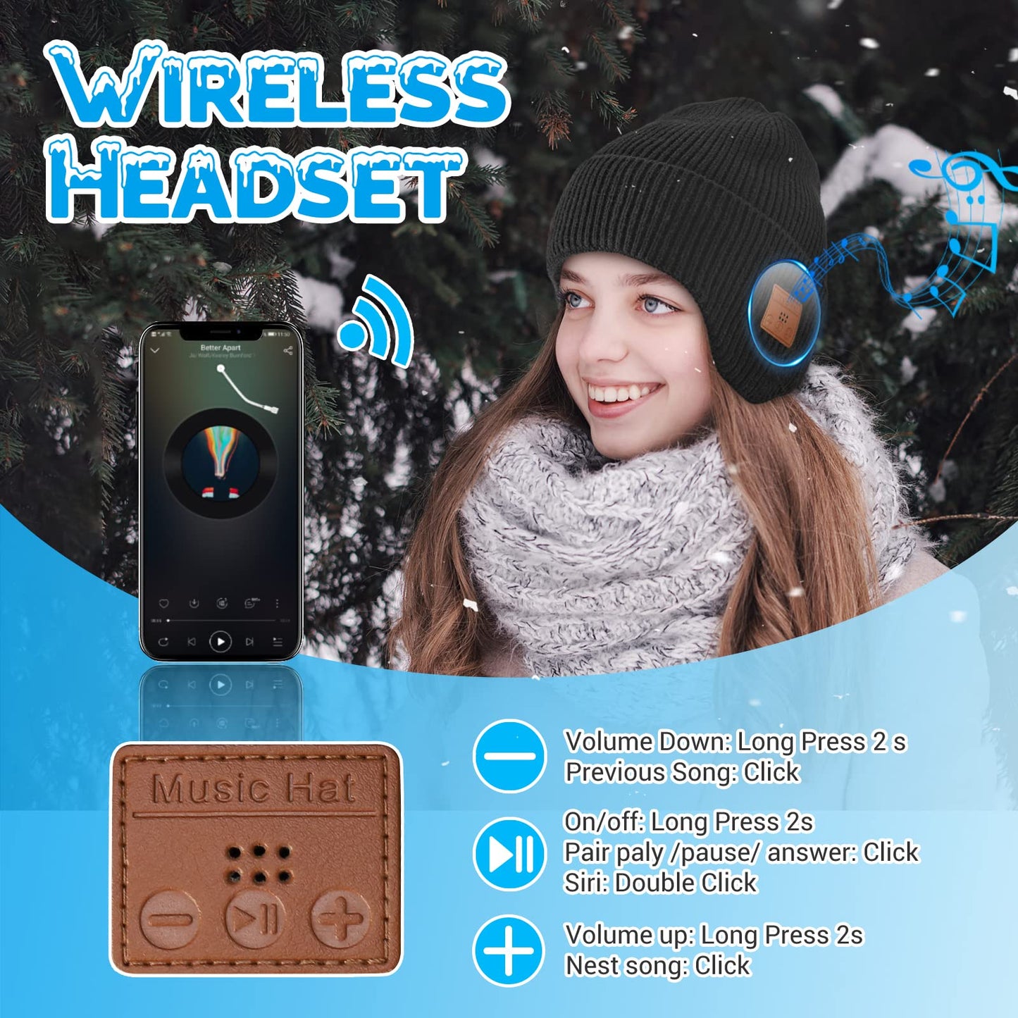 Bluetooth Beanie Hat with Headphones, Wireless Winter Hat Built in Microphone and Stereo Speakers (Black)