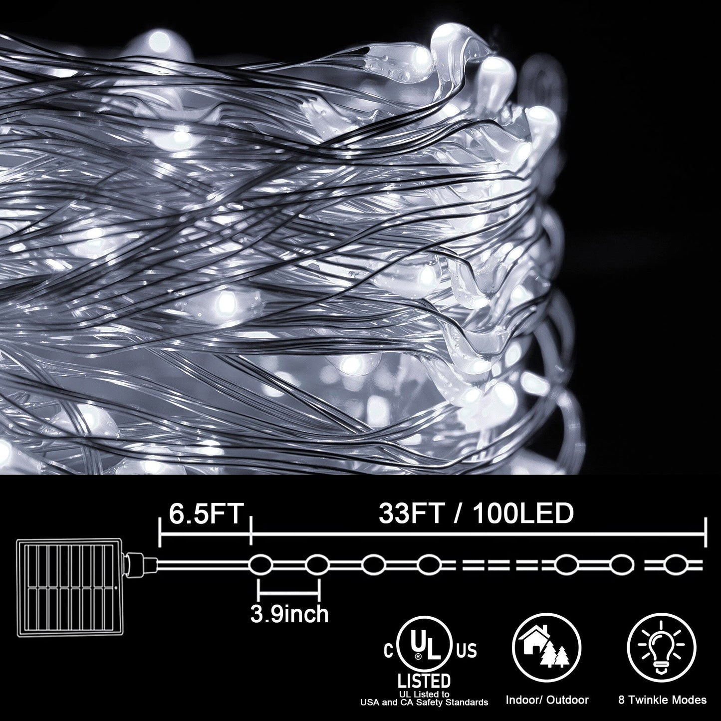 kemooie Solar Fairy Lights Outdoor, 2Pack 200 LED 66FT White Twinkle Solar String Lights, 8 Modes Waterproof for Garden Tree Christmas Decorations