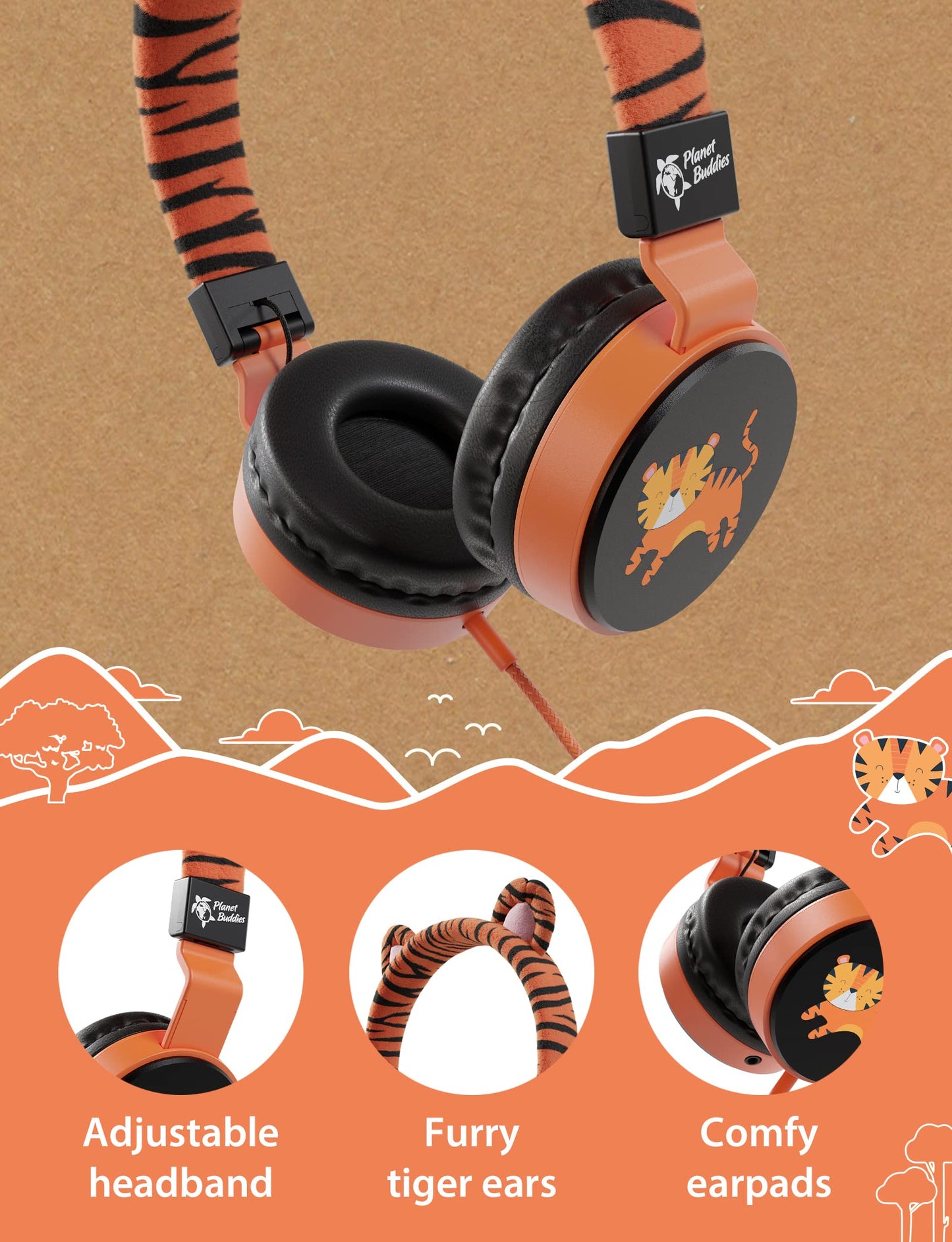 Kids Headphones for School with Tiger Cat Ears, Safe Volume Limited, HD Mic Stereo Sound On-Ear Girls Boys Headphones for Kid, Foldable 3.5mm Wired…