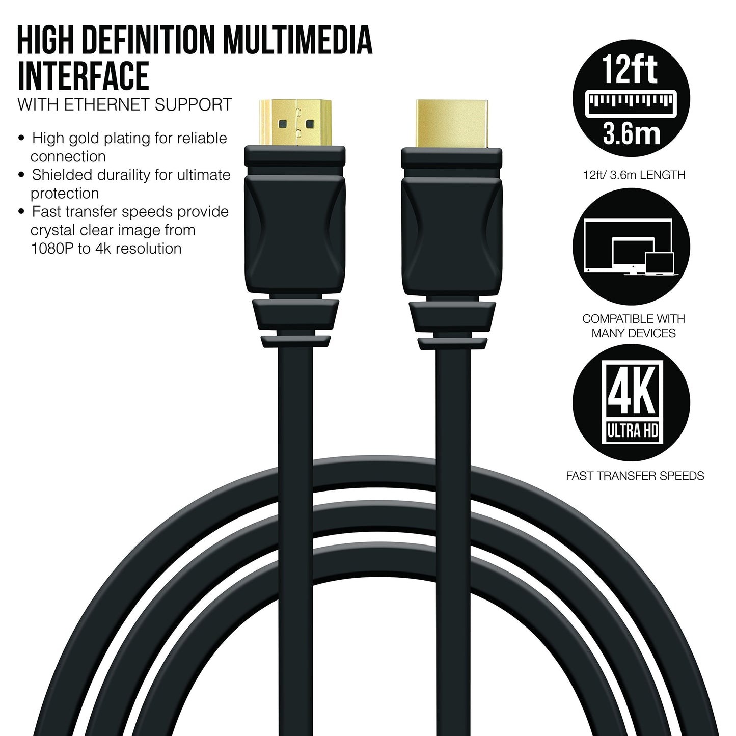 Gems 12ft HDMI Cable High-Speed Supports 4K, Ethernet, 3D and Audio Return