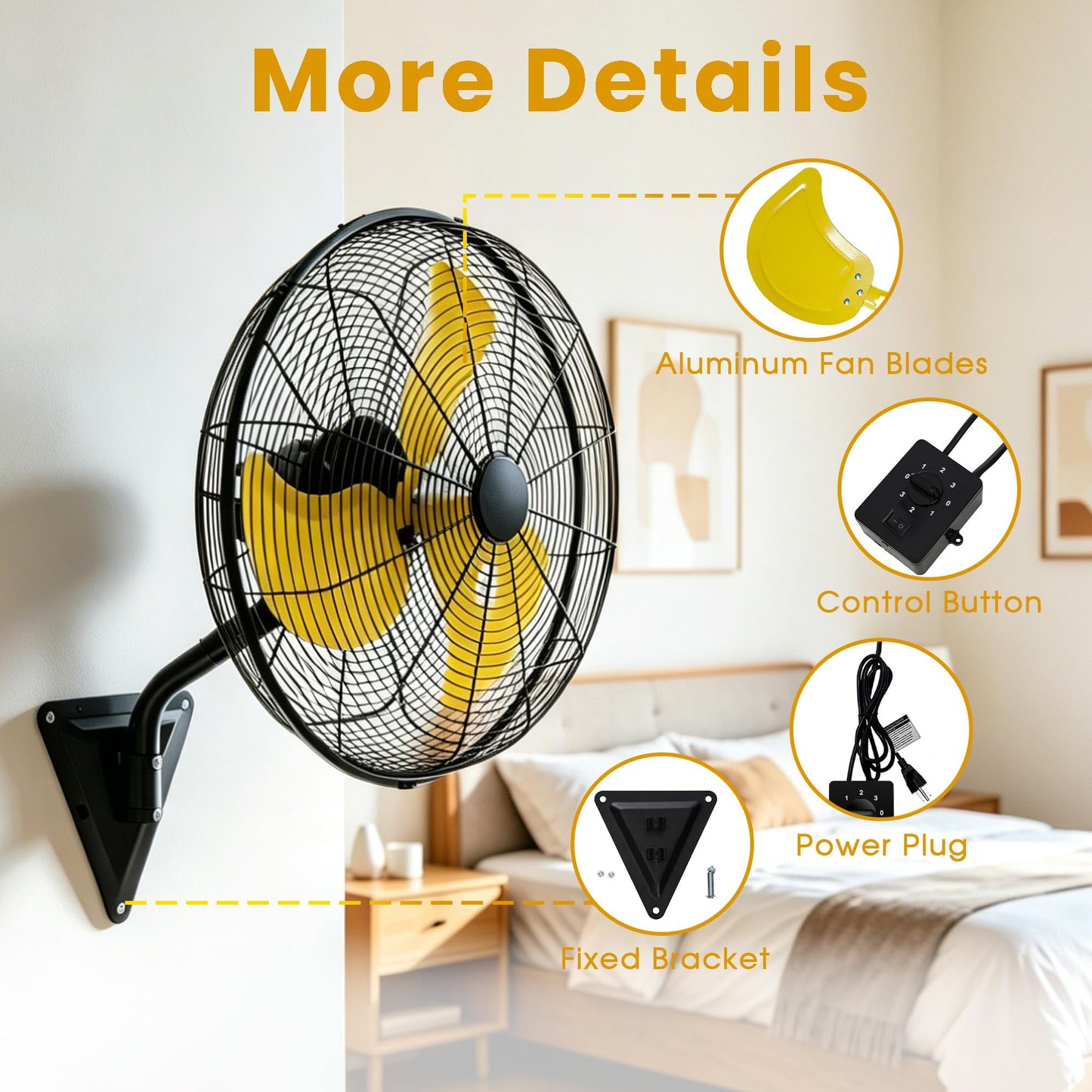 20" Industrial Wall Mount Fan, High Velocity 7100 CFM Metal Fan with 3 Speed Control, Adjustable Tilt , Heavy Duty Cooling Oscillating Fans