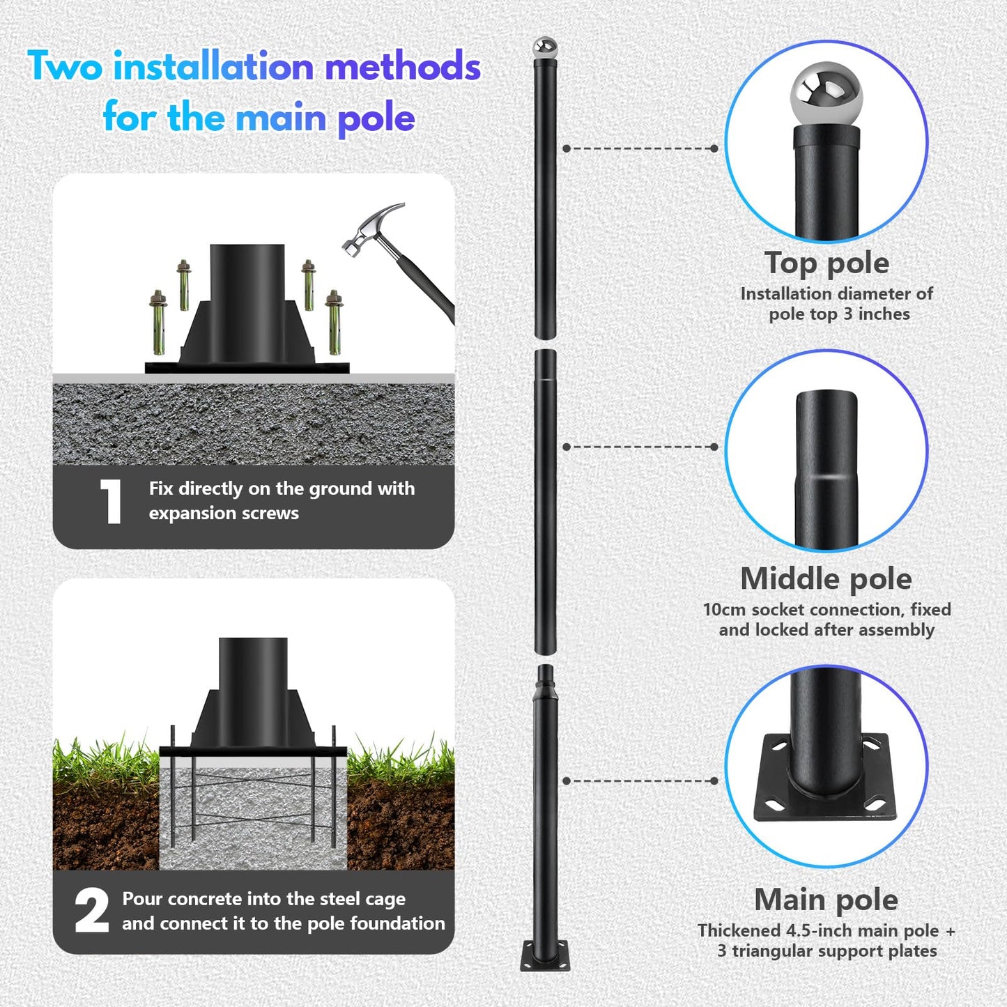 UNDADE Street Light Pole 10Ft Tall, Outdoor Solar Street Lamp Post with Base,Sub-Assembly of Street Light Poles for Backyard, Street