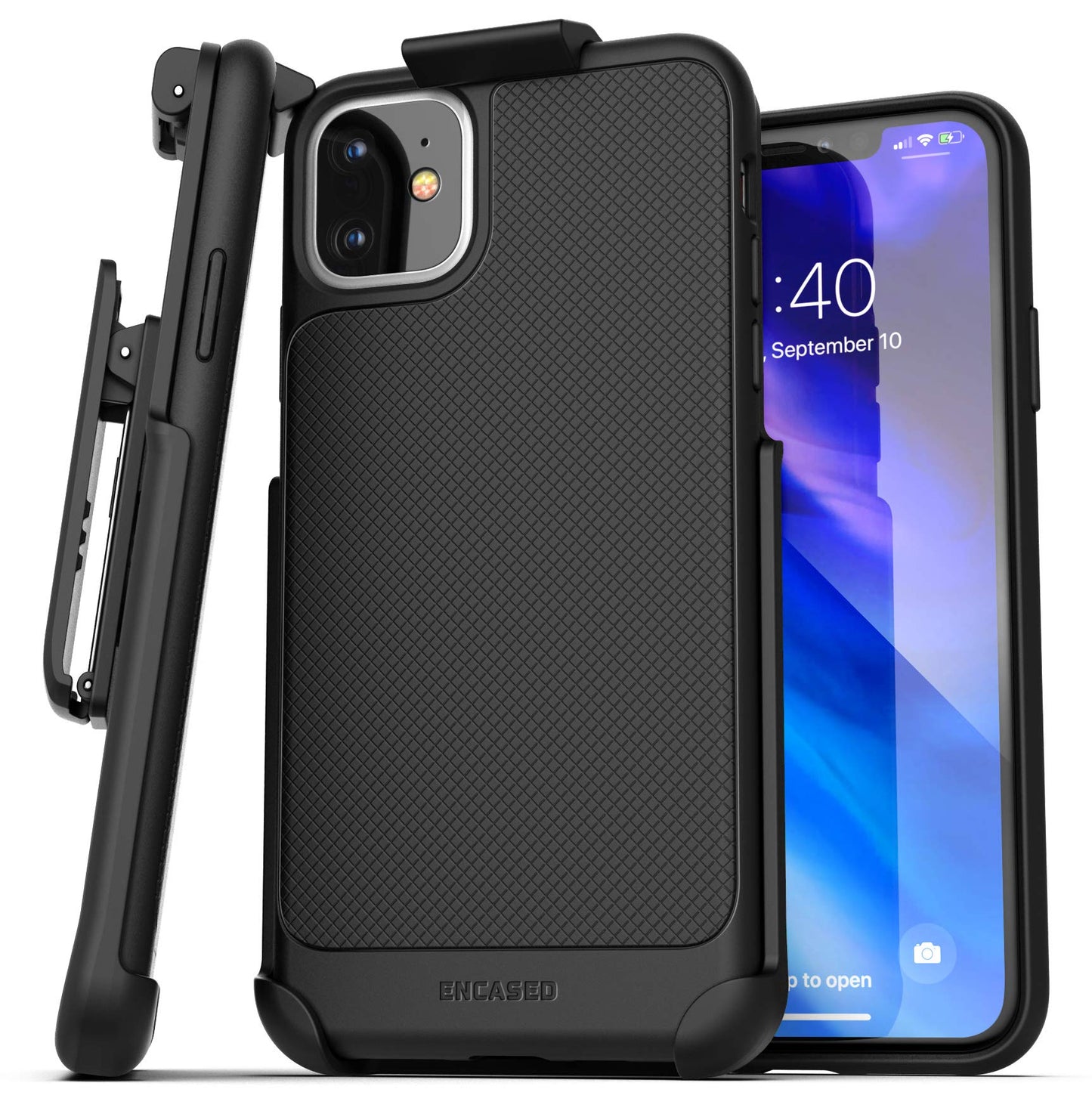 Encased Belt Case for iPhone 15 Plus (2023) Thin Armor Slim Cover with Rotating Phone Holster Clip - Black