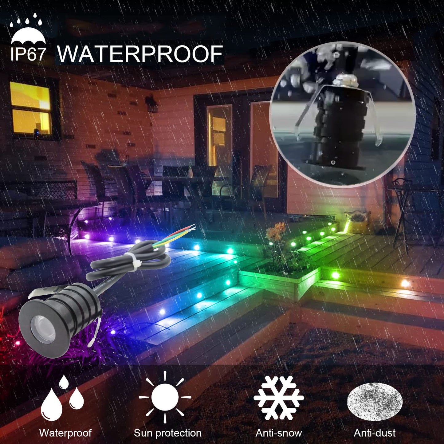 YASHIDA Black Waterproof RGB Recessed LED Deck Step Lights with Protecting Shell, in Ground Outdoor Landscape Lighting IP67,12 24V Low Voltage