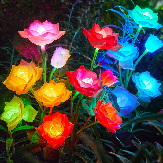 RECHOO Solar Garden Lights Outdoor, 3 Pack Solar Flower Lights with 15 Rose Flowers, Multi-Color Changing LED Waterproof Solar Lights, Garden Decor