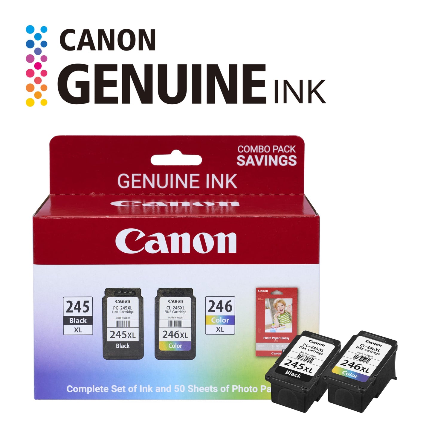 Canon PG-245 XL / CL-246 XL Genuine Ink Value Pack (2 Cartridges) with 50-Sheet Photo Paper, Compatible with iP2820, MG2420/2924/2920/3020/2522/2525