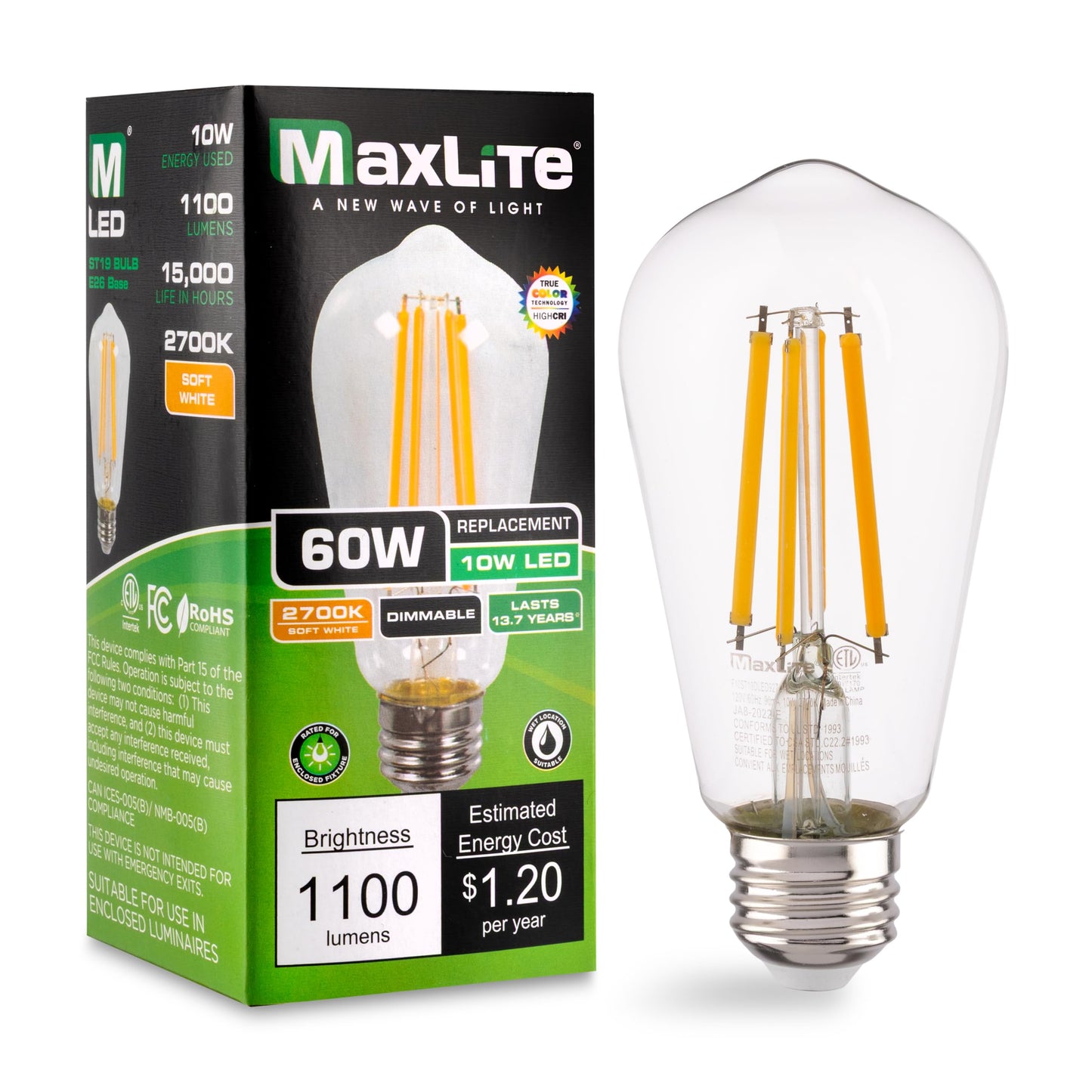 Maxlite F10ST19DLED927/JA81 10W ST19 Dimmable LED Bulb Enclosed Clear Filament, JA8 Listed - CRI 90, 2700K, LED Light Bulb, 100W Equivalent, 1100