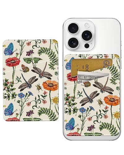 AOHRO Phone Card Holder, Dual Pocket Leather Phone Wallet Adhesive Stick On, Cute Card Holder, Credit Card Holder for Phone Case Retro Insects
