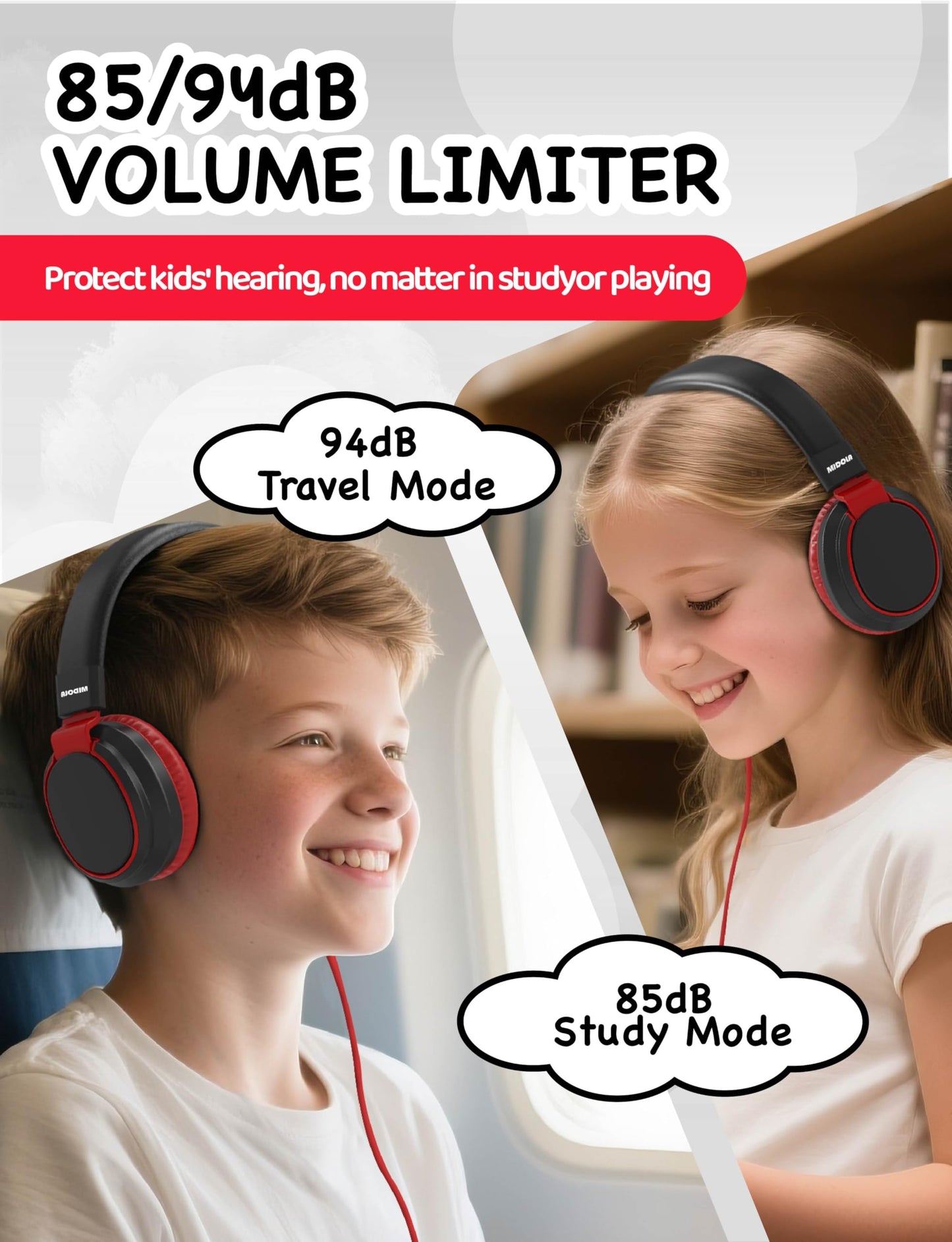 MIDOLA Volume Limited 85/110dB Kids Headphone Over-Ear/On-Ear Foldable Sound Noise Protection Headset with Inline AUX 3.5mm Cord w/Mic for Child…