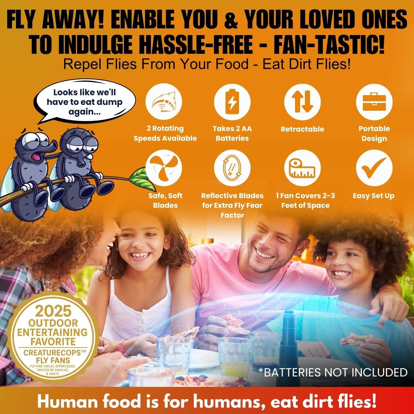 CreatureCops™ Fly Fans for Tables | Retractable, Silent for Outdoor Tables with Reflective Blades | Tabletop Fly Fan to Help Keep Fly Away from Food |