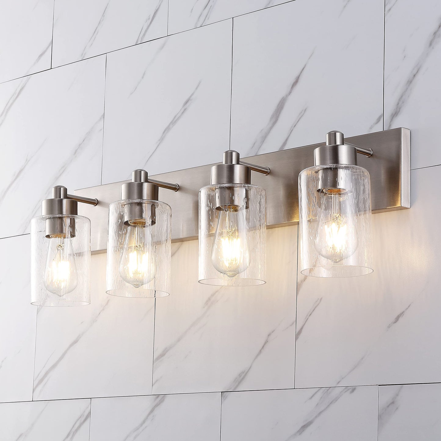 JONATHAN Y 27.75" Nickel 4-Light Modern LED Vanity Light for Bathroom Mirror, Mid-Century Wall Sconce with Clear Seeded Glass Shades, Contemporary