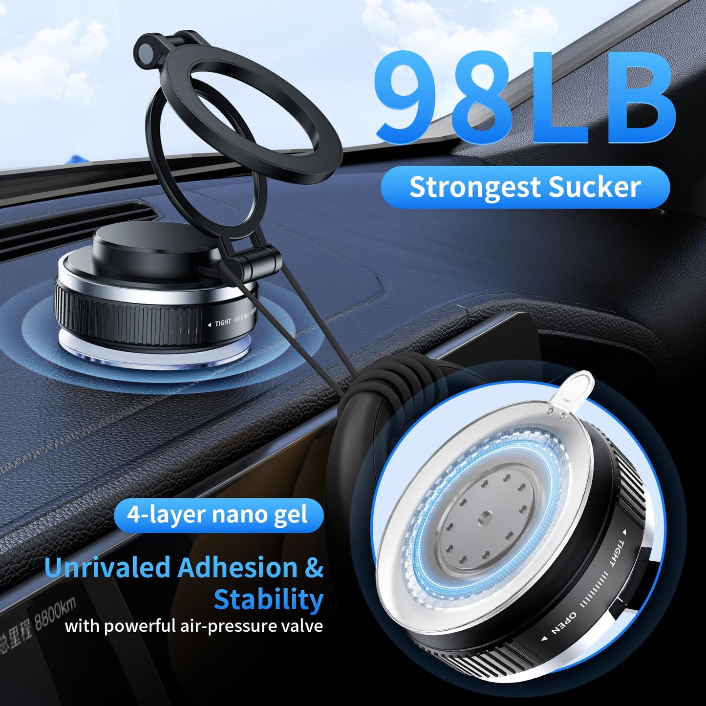 LENEZEN 2025 Upgraded Vacuum Magnetic Phone Holders for Your Car, 360° Adjustable Foldable Magsafe Suction Cup Phone Mount for iPhone [98+LBS