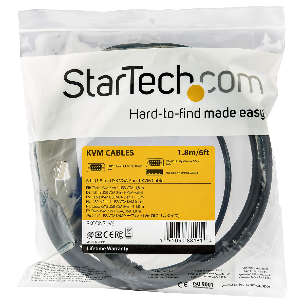 StarTech 6ft / 1.8m USB VGA KVM Console Cable for Rackmount, 1920 x 1200