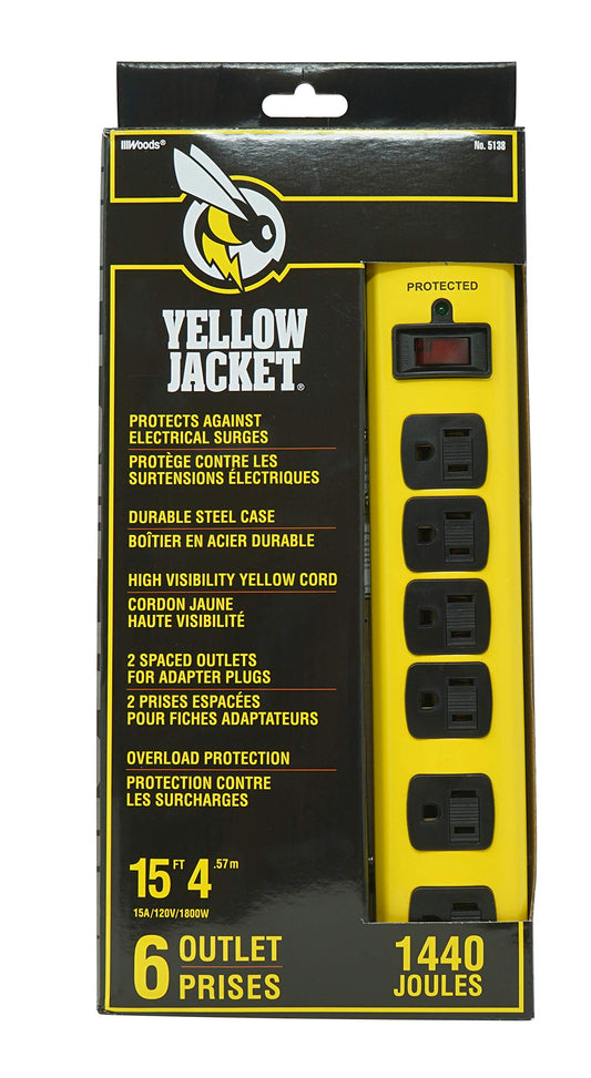 Southwire Yellow Jacket Metal Surge Protector Strip - 15-Foot SJT Cord - Heavy Duty Workshop Power Strip - Surge Protector Strip - Yellow Cord Surge
