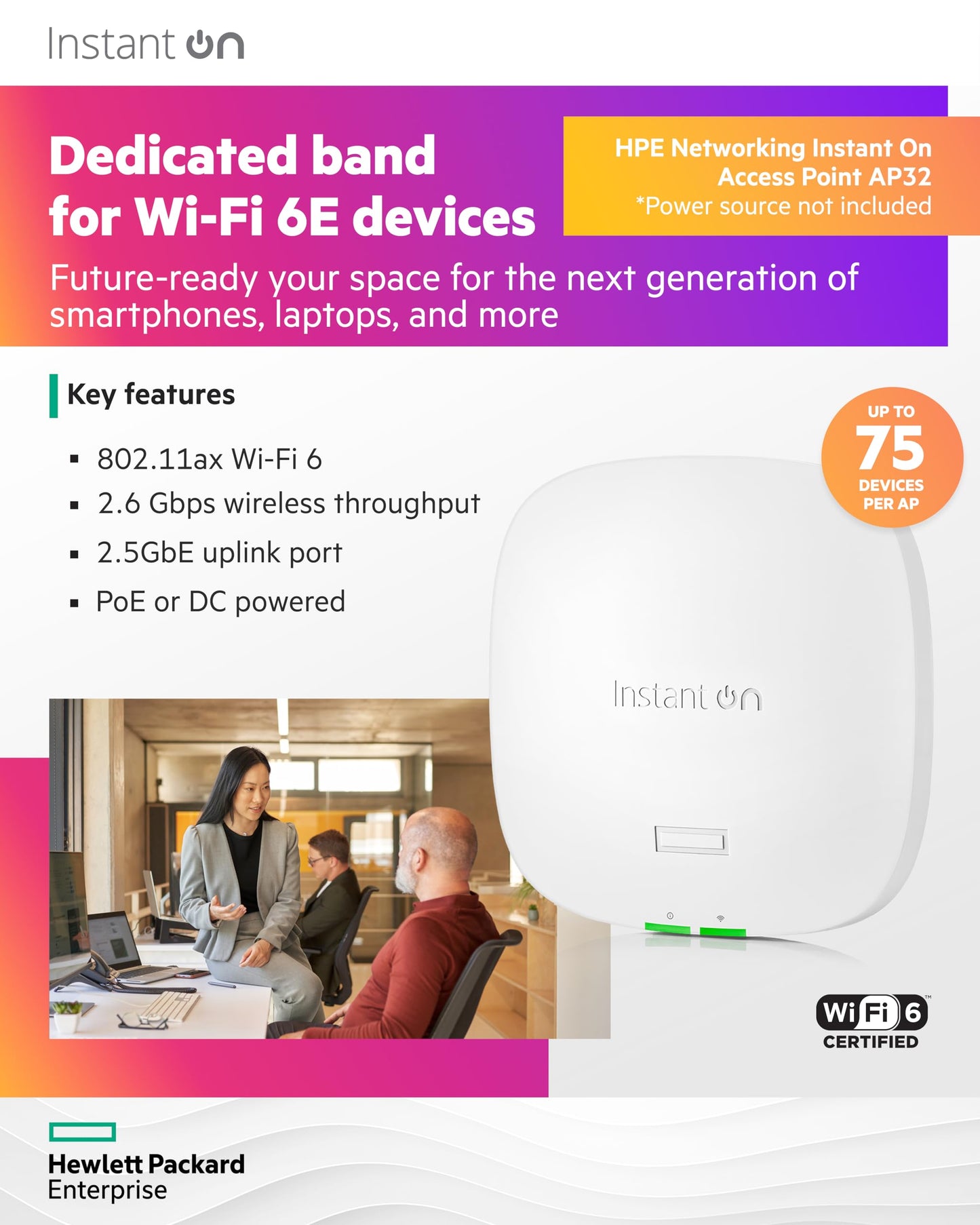HPE Networking Instant On Access Point AP32 2x2 WiFi 6E Indoor Wireless Access Point | Secure, Tri-Band, Future Ready | Power Source Not Included | US