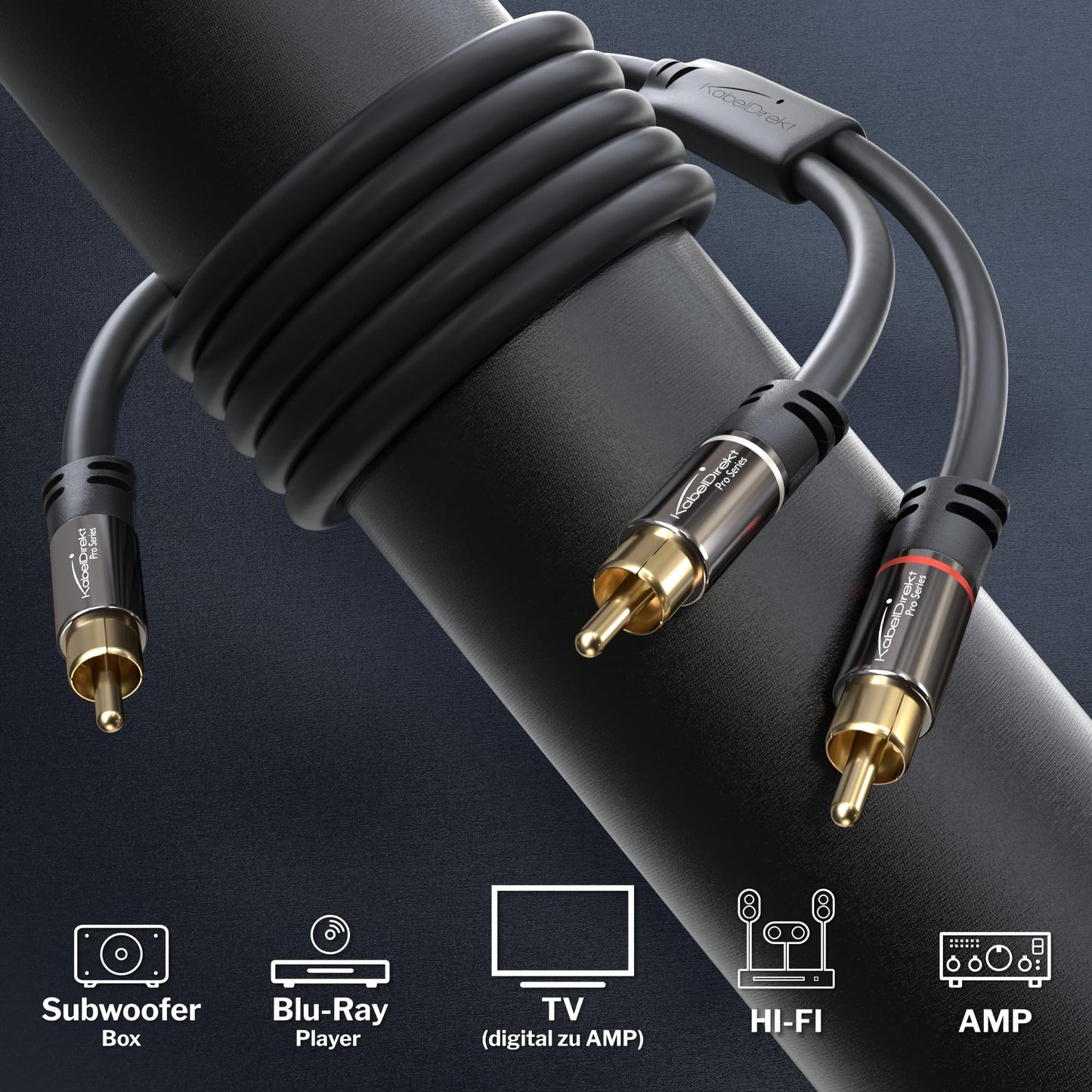 KabelDirekt - RCA/Phono Y Cable - 10ft Long - 1 to 2 RCA/Phono, Stereo Audio Cable (Coax, Male/Male Plugs, Analog/Digital, Adapter