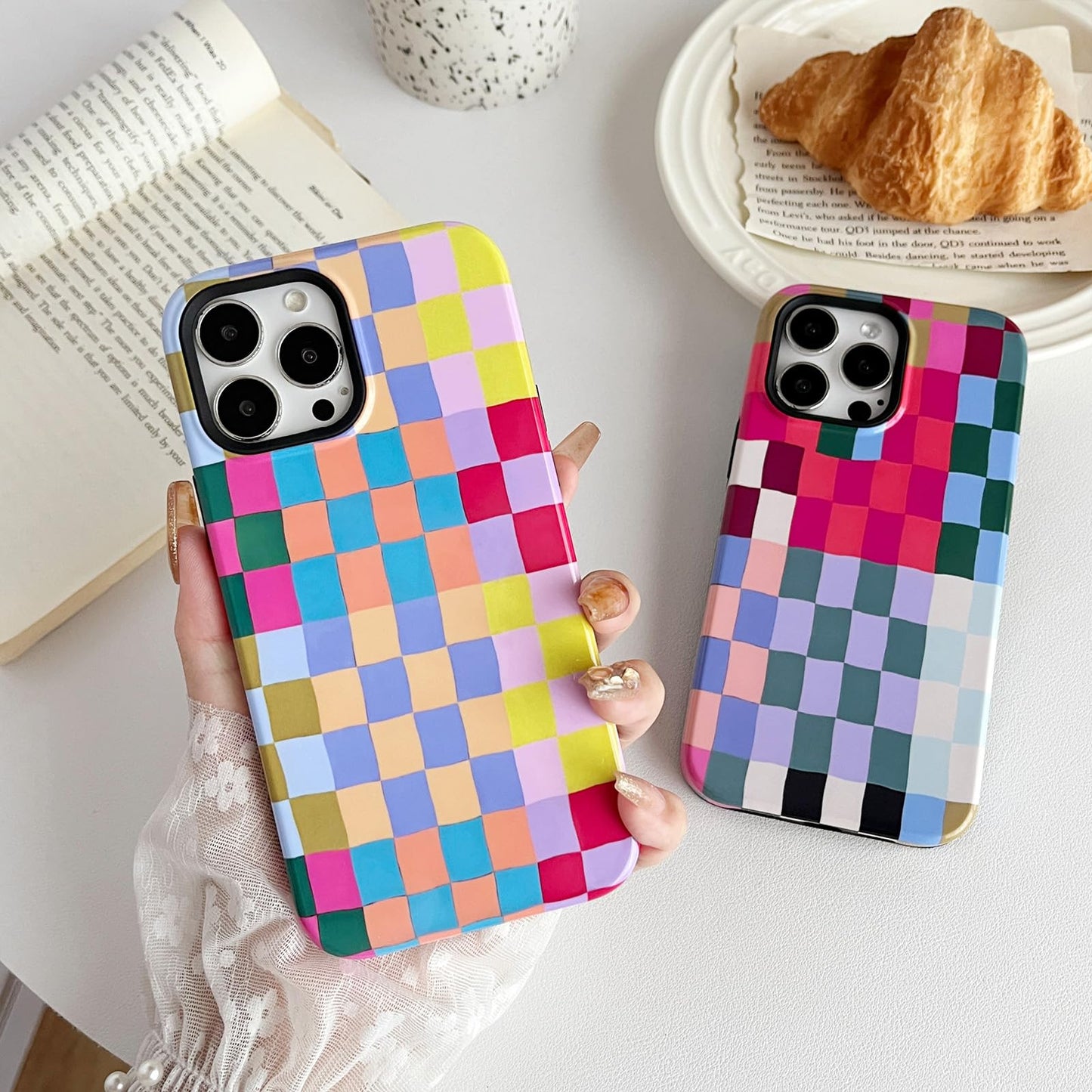 branple Compatible with iPhone 14 Plus Case,Cute Simple Colorful Checkered Case with Shockproof Slim Soft TPU and Hard PC Protective Covers