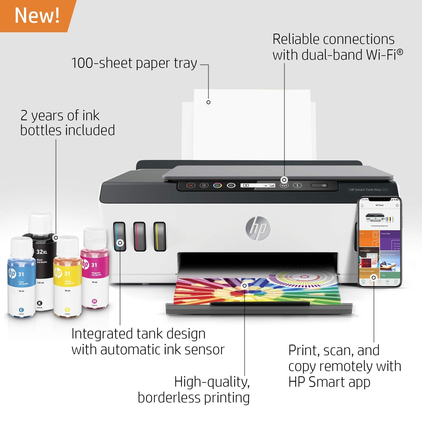 HP Smart-Tank Plus 551 Wireless All-in-One Ink-Tank Printer | up to 2 Years of Ink in Bottles | Mobile Remote Print, Scan, Copy (6HF11A) (Renewed)