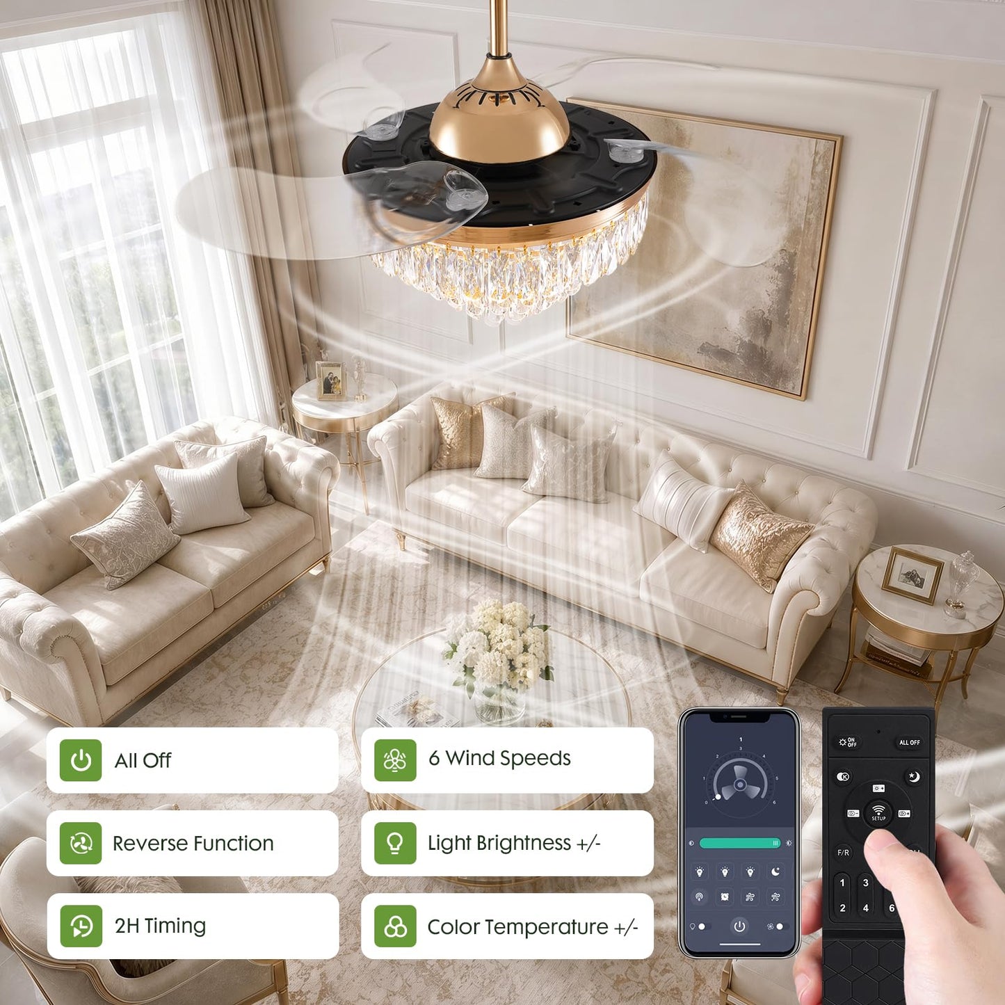 CROSSIO 42" Crystal Fandelier Dimmable, 6 Speeds, Retractable Gold Ceiling Fans with Lights and Remote Luxury Chandelier Fan for Bedroom Dining Room
