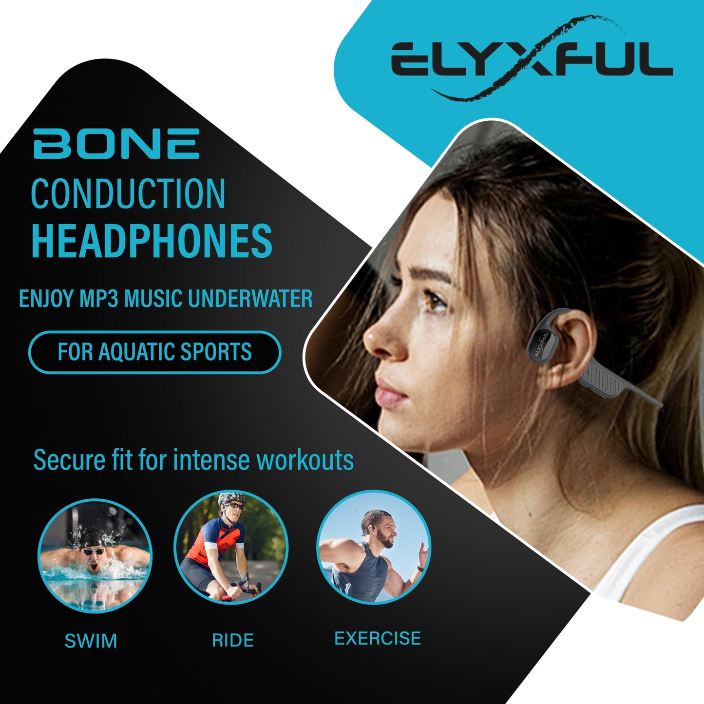 ELYXFUL Bone Conduction Swimming Headphones, IP68 Waterproof Bluetooth & 64GB MP3 Player, Open-Ear Water Headphones for Swimming with Mic, Secure…
