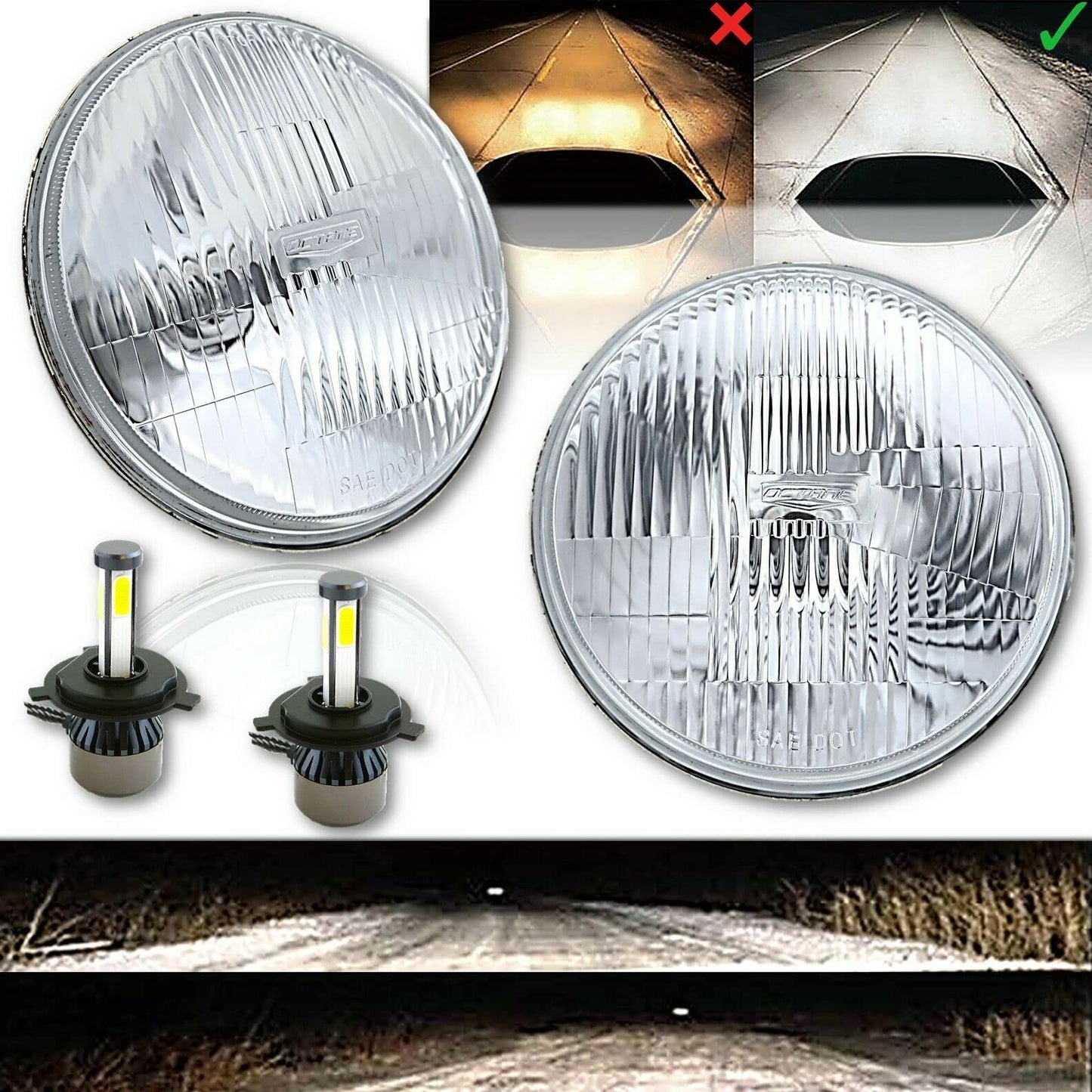 Octane Lighting 7 Inch Stock Style H4 Glass Headlight LED 4000 Lumens 20/40w Light Bulb Headlamp Pair