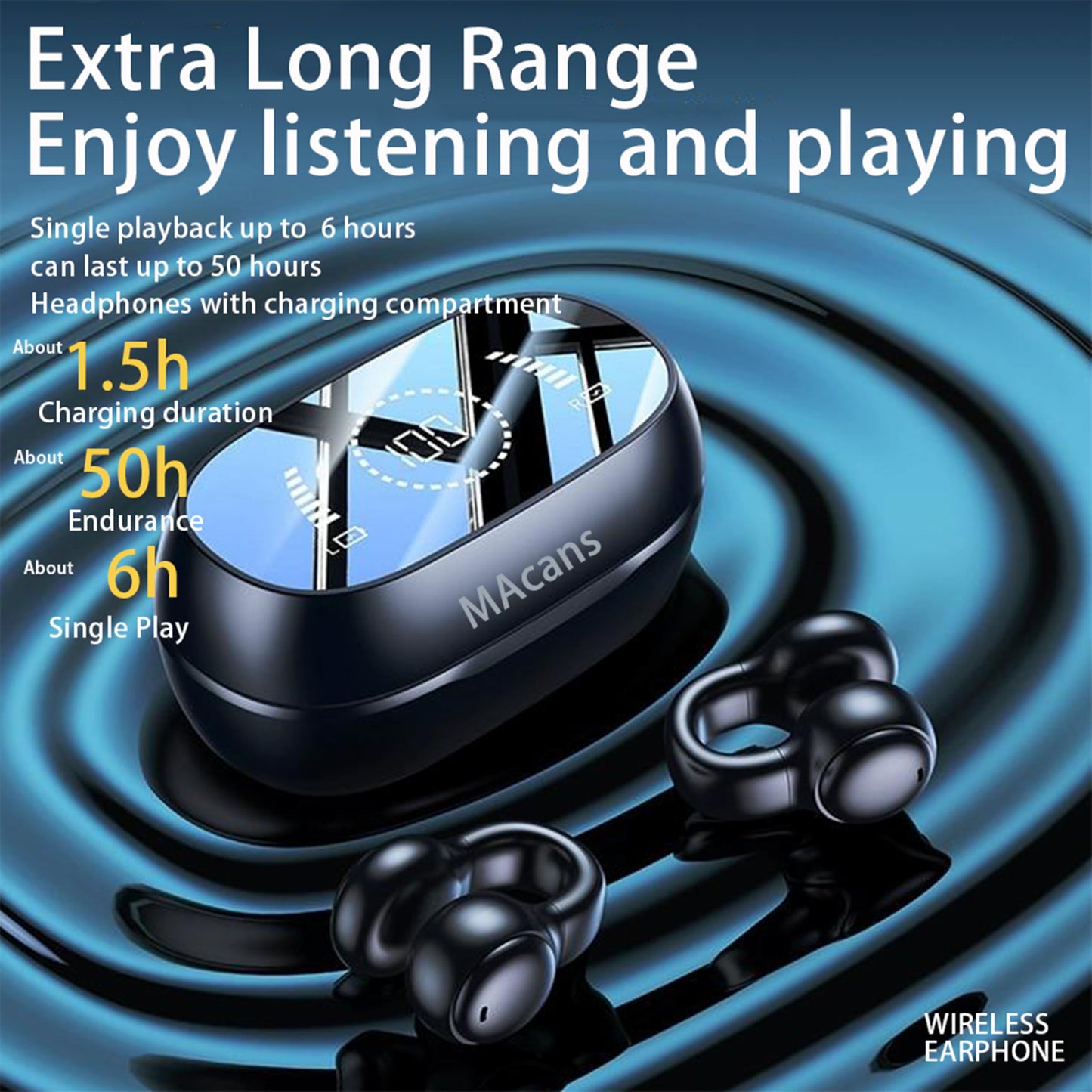 MAcnas Wireless Earbuds Open Ear Clip Headphones Air Conduction Earbuds LED Power Display Earphones Sport Bluetooth 5.3 Headphones (White)