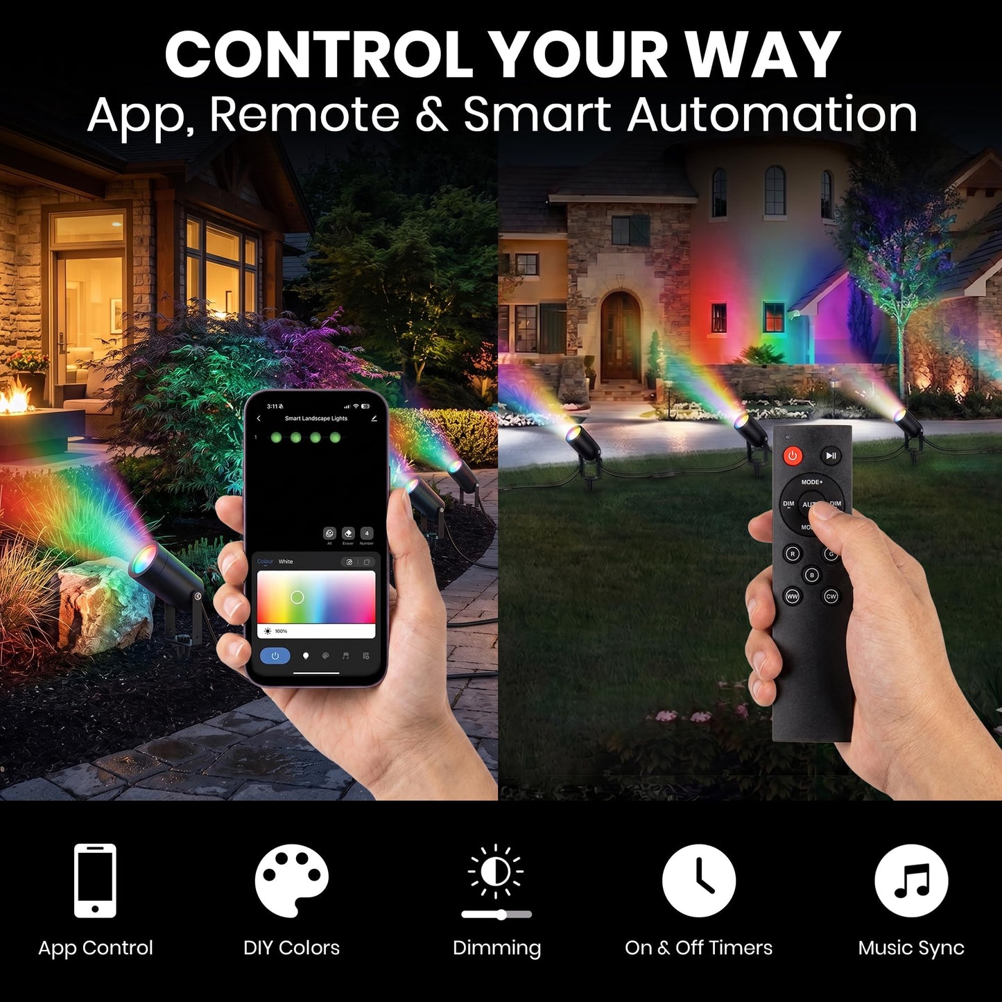 Novelty Lights Smart RGB+WW Landscape Spot Lights - 4 Pack Color Changing Outdoor Lights with Remote & App Control, 16 Million Colors, 2200K-6500K