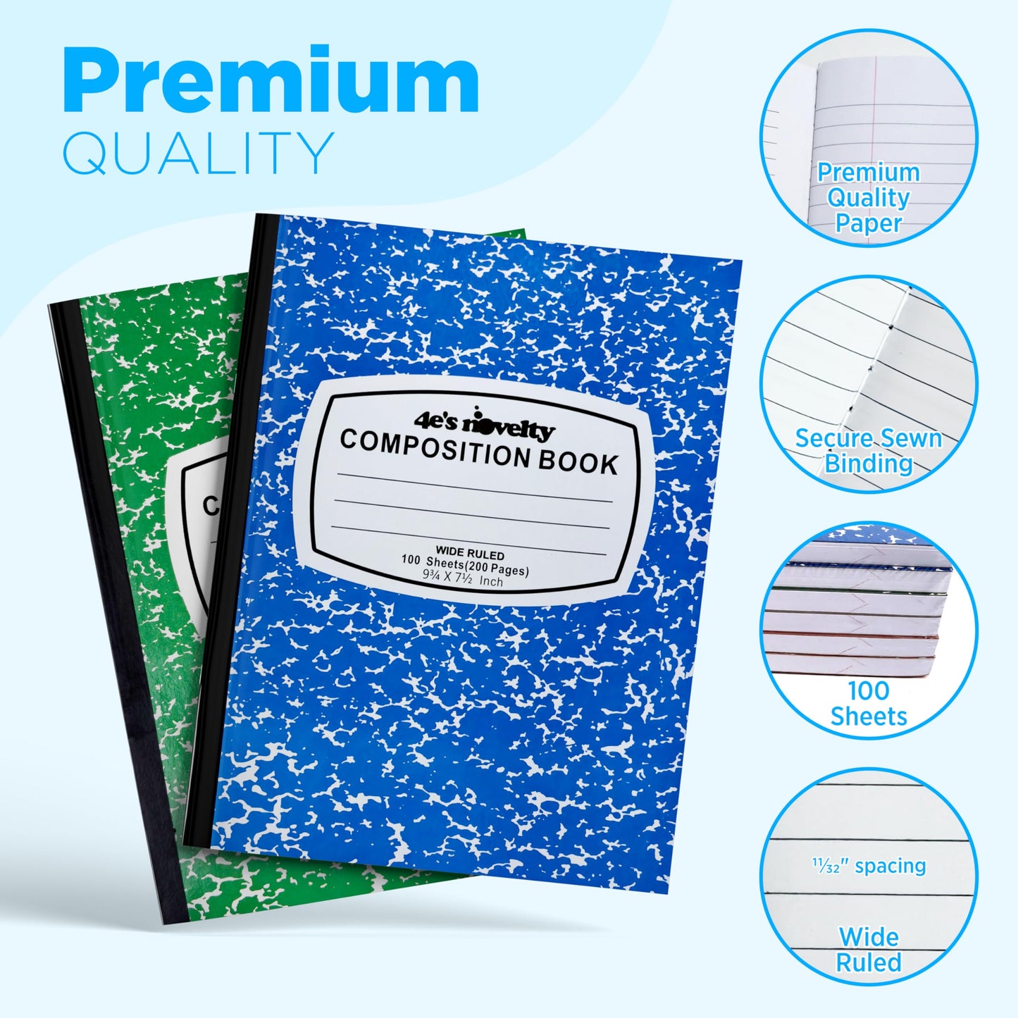 4E's Novelty Wide Ruled Composition Notebooks - Pack of 3-100 Sheets 9.75" x 7.5" - Hard Cover Red Blue Green Cute Marble Colors, Bulk Compositon Book