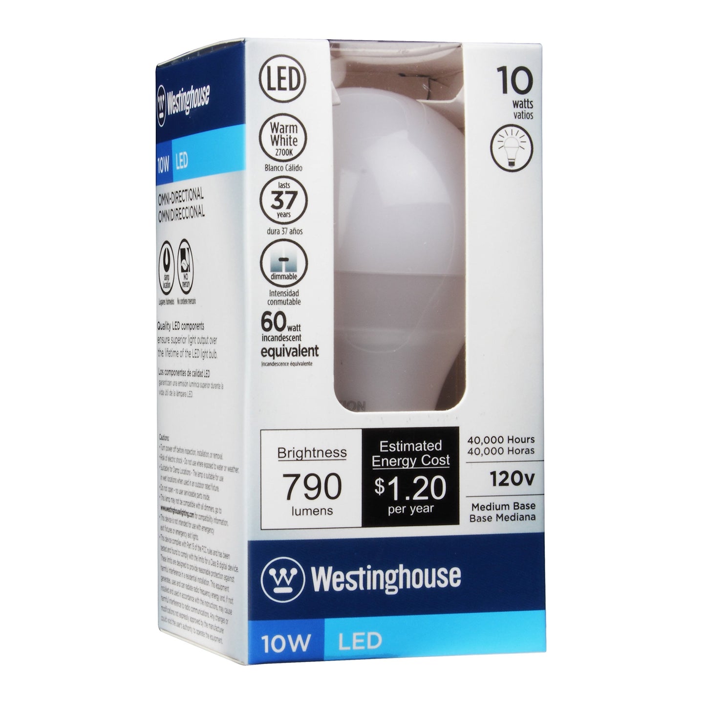 Westinghouse Lighting 0369600 10W Omni Dimmable LED Light Bulb with Medium Base, Warm White
