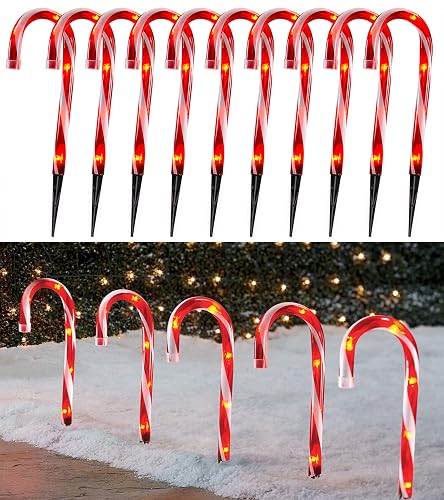 Christmas Candy Cane Lights Outdoor Pathway -10 Pack Lighted Candy Cane Pathway Markers Lights Walkway, 10 inch Candycane Christmas Sidewalk Outdoor