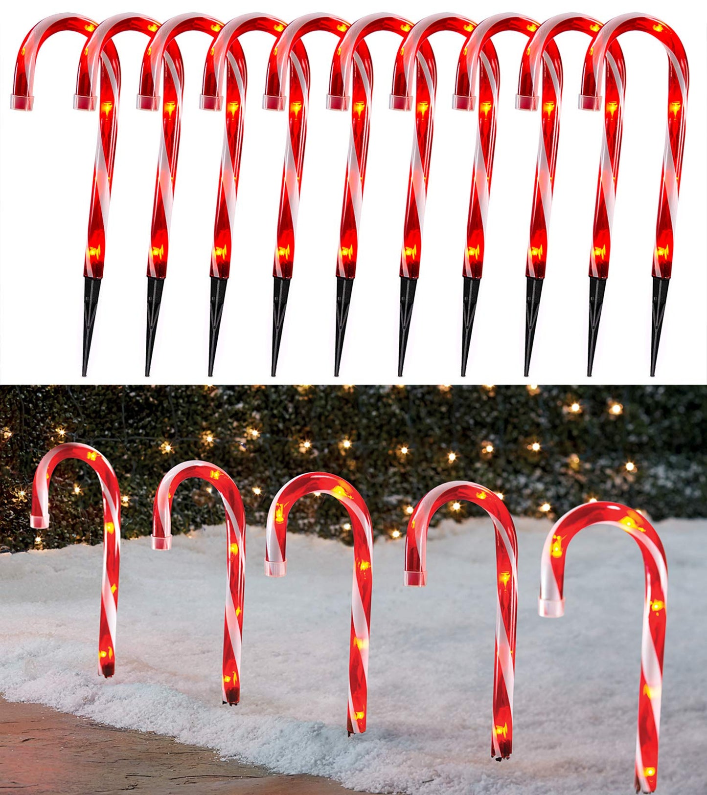 Christmas Candy Cane Lights Outdoor Pathway -10 Pack Lighted Candy Cane Pathway Markers Lights Walkway, 10 inch Candycane Christmas Sidewalk Outdoor