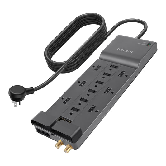 Belkin Power Strip Surge Protector with 12 AC Multiple Outlets, 10 ft Long Flat Plug Heavy Duty Extension Cord for Home, Office, Travel, Computer