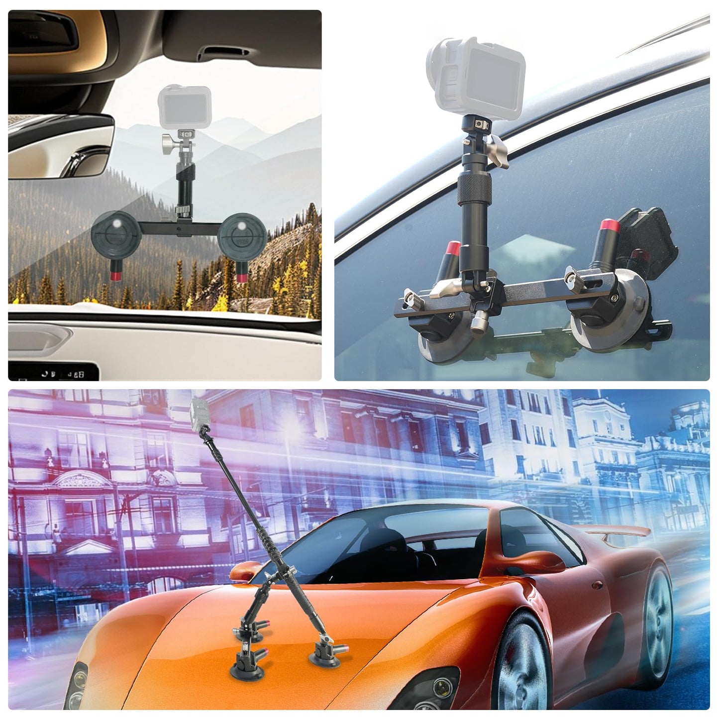 FIFIELD Triple Suction Cup Car Mount Kit with 2in1 Selfie Stick, CNC Machined Quick Release Adjustable Extension Mount for Windshield Dashboard Hood