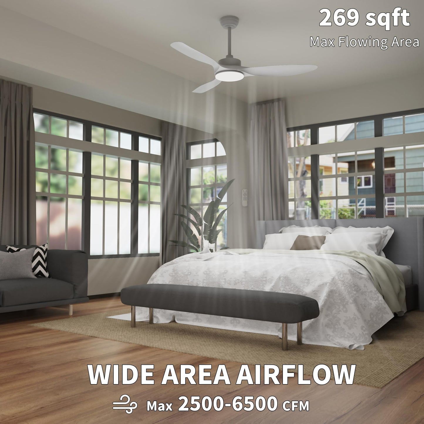 Wozzio 52 Inch Ceiling Fans with Lights Remote Control,White Sloped Mount Ceiling Fan 22W Dimmable LED Light,3 Reversible Blades,DC Motor 6 Speed