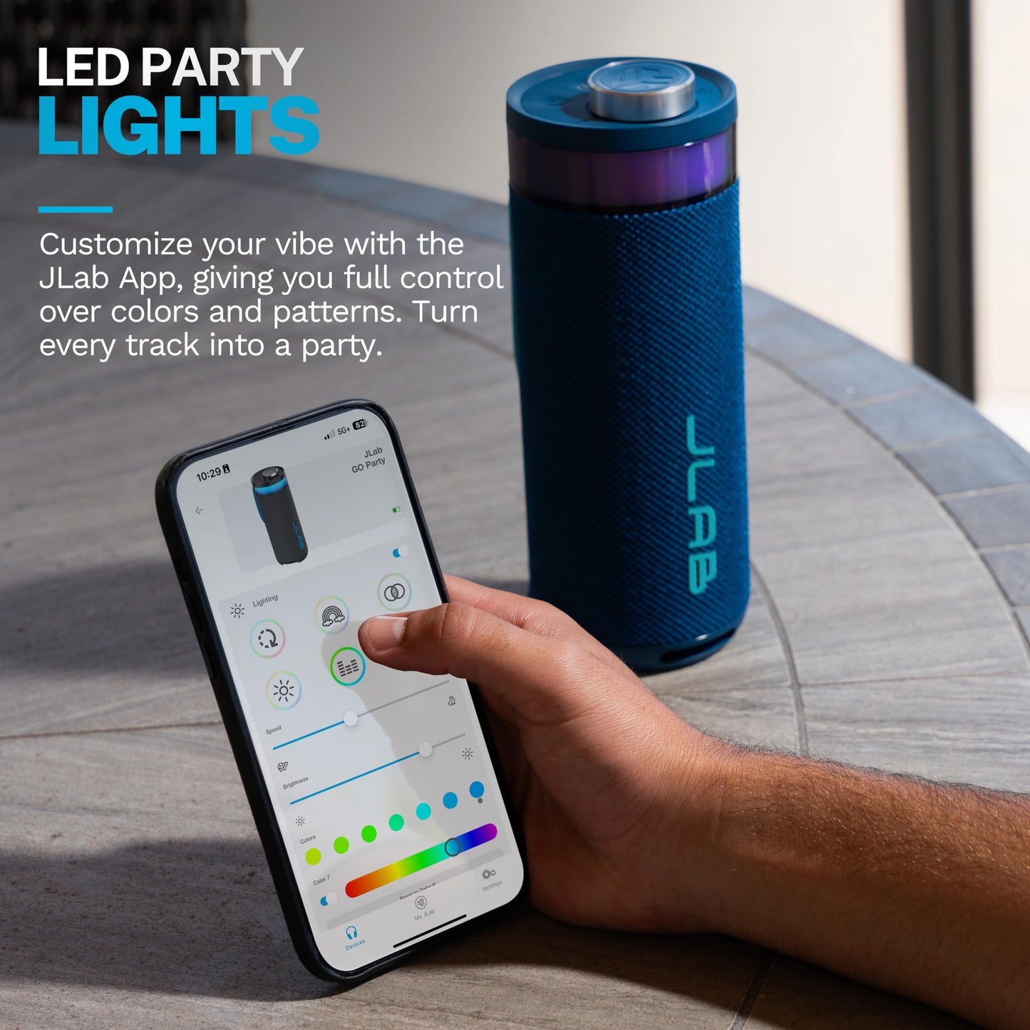 JLab Go Party Portable Bluetooth Speaker, Navy, 10 Watts of Power, 16+ Hours of Playtime, IP56 Waterproofing, Customizable RGB LED Lighting, Lab Sync