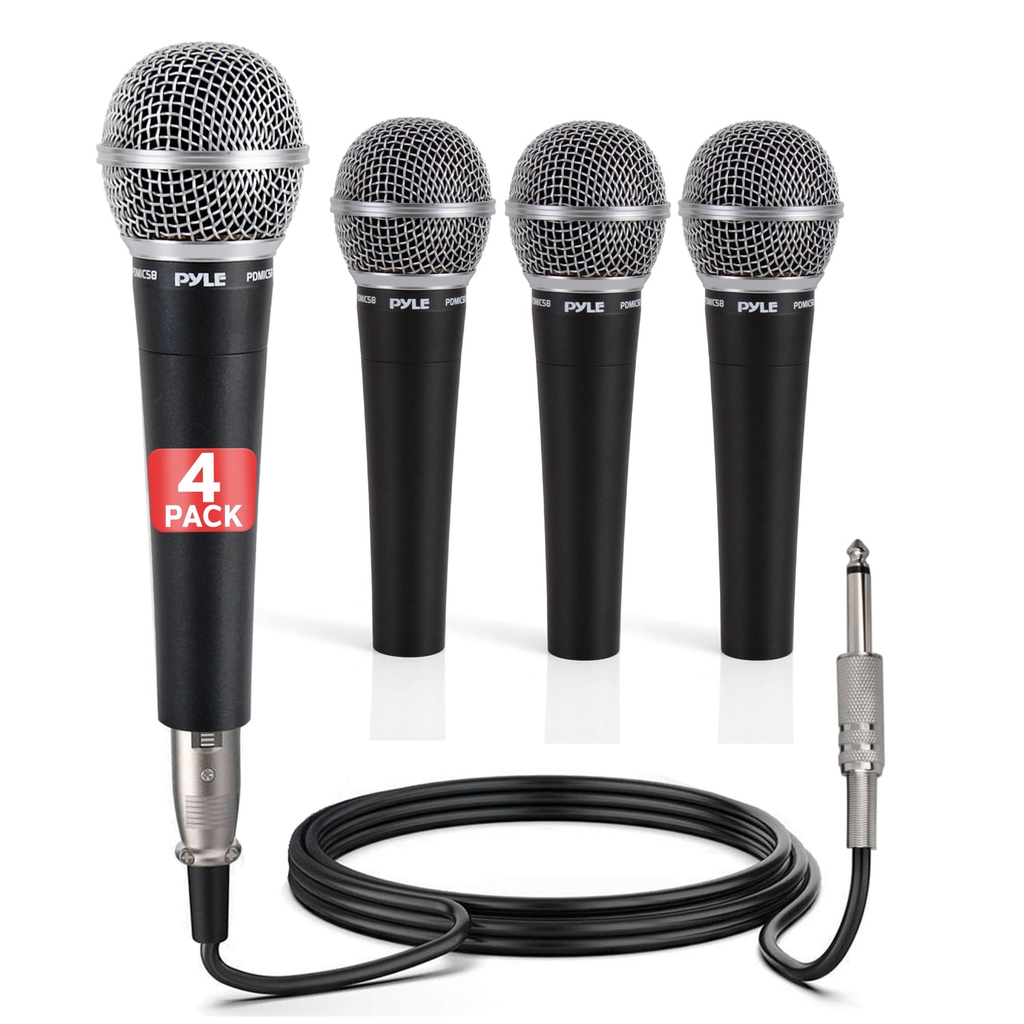 Pyle Professional Dynamic Microphone - 4-Pack Unidirectional Handheld Mic with Built-in Pop Filter, High Signal Output, 15 ft. XLR Audio Cable, Ideal