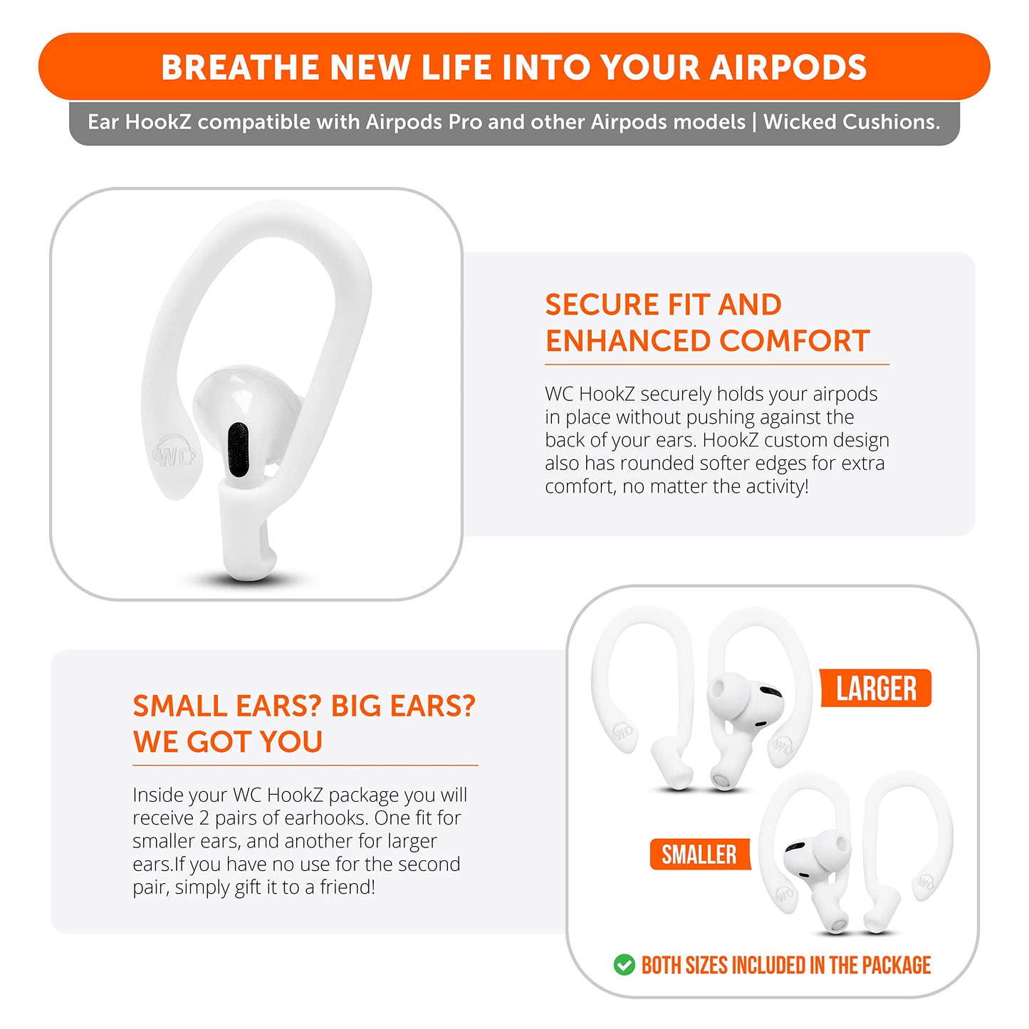 WC HookZ - Patented Upgraded Over Ear Hooks for AirPods Pro 1, 2 & AirPods 1, 2 & 3- Two Size Pairs Included in Package, Unique Left & Right Hook