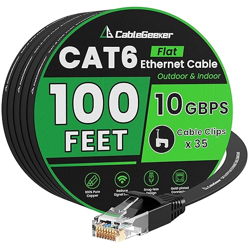 Cat 6 Ethernet Cable 100 ft, Indoor&Outdoor, High Speed 10Gbps Internet Network, Pure Copper Flat Ethernet Patch Cable Long, Computer LAN Cable