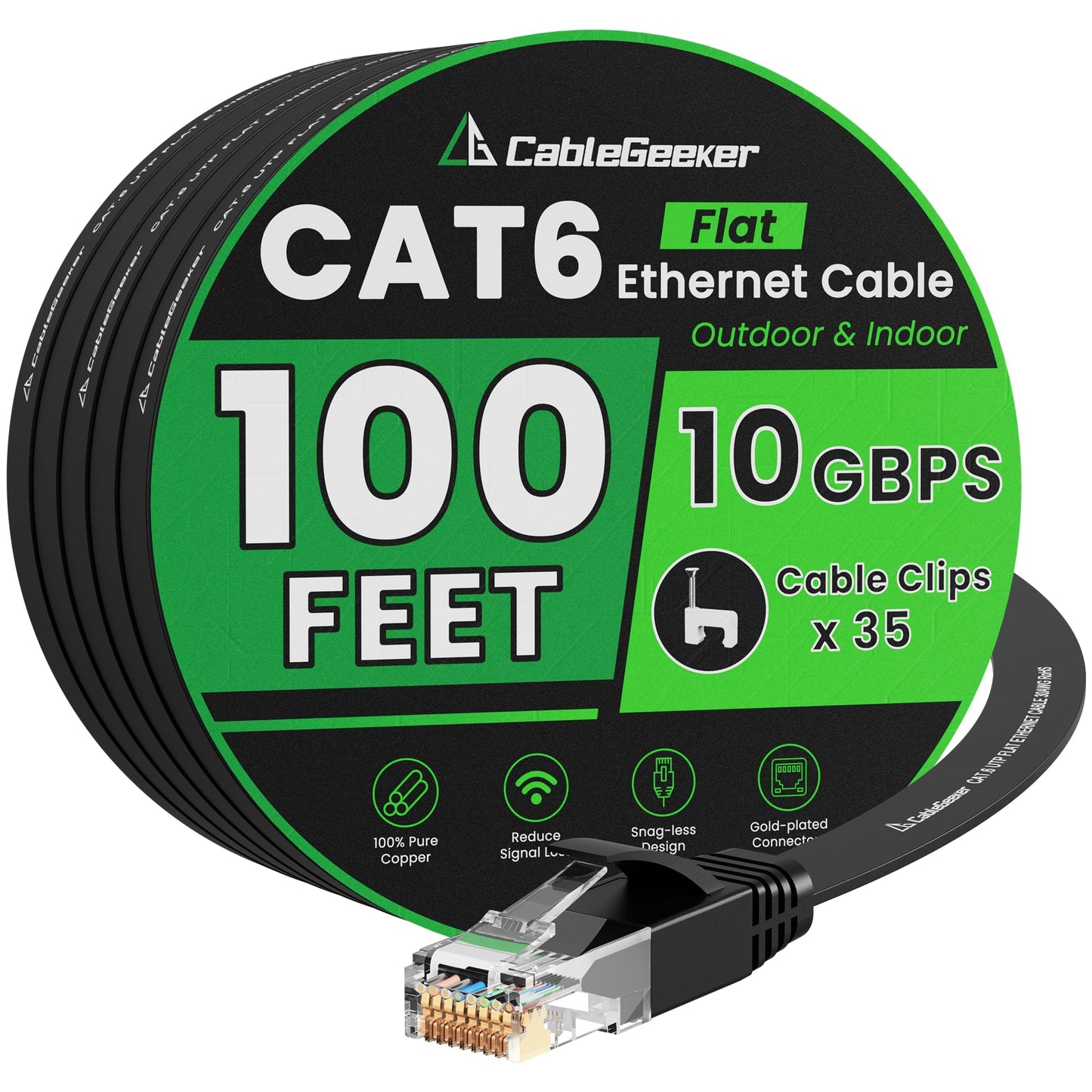 Cat 6 Ethernet Cable 100 ft, Indoor&Outdoor, High Speed 10Gbps Internet Network, Pure Copper Flat Ethernet Patch Cable Long, Computer LAN Cable