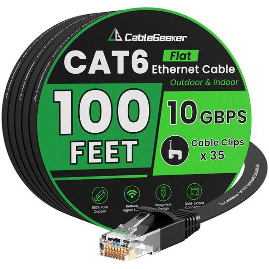 Cat 6 Ethernet Cable 100 ft, Indoor&Outdoor, High Speed 10Gbps Internet Network, Pure Copper Flat Ethernet Patch Cable Long, Computer LAN Cable