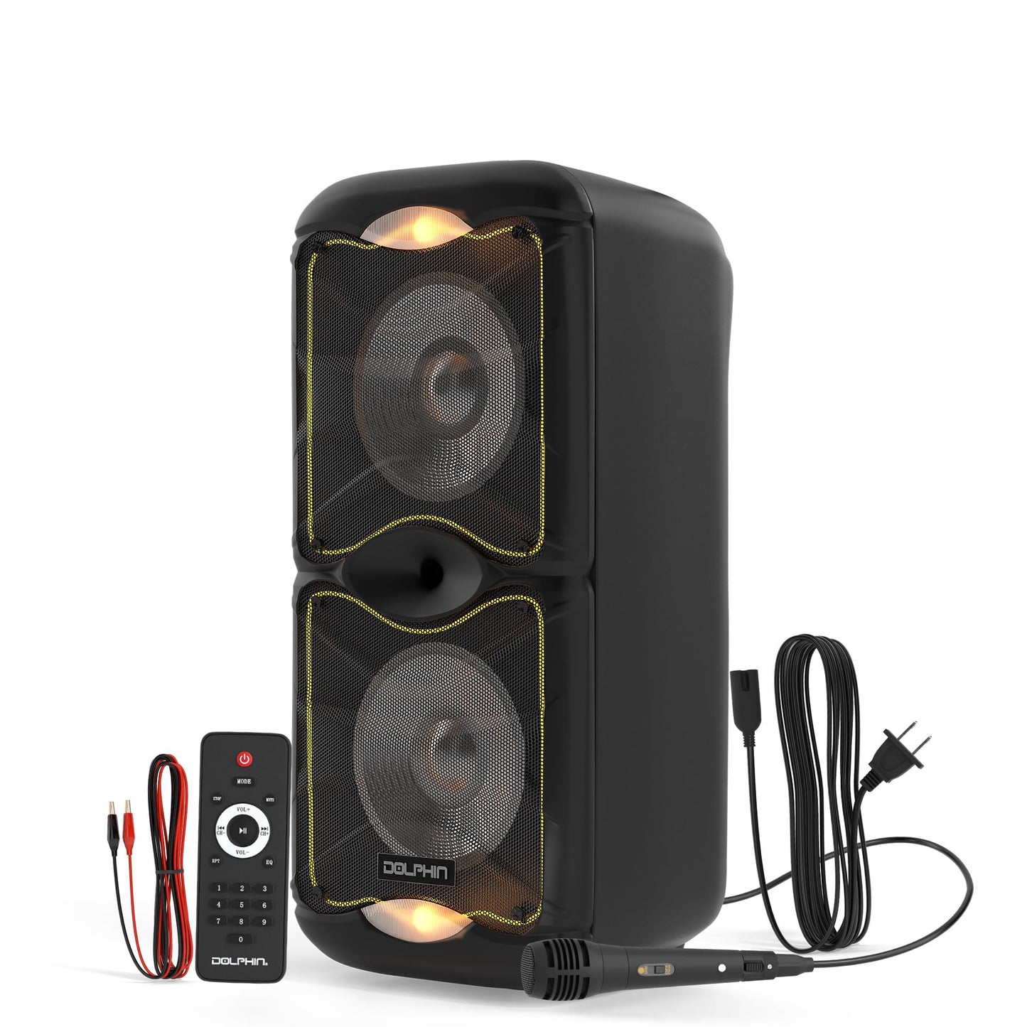 Dolphin BoxParty 212 Dual 12" Portable Bluetooth Party Speaker - Loud Sound with Deep Bass, LED Lights, PA System, 5-Band Equalizer, and Expandable