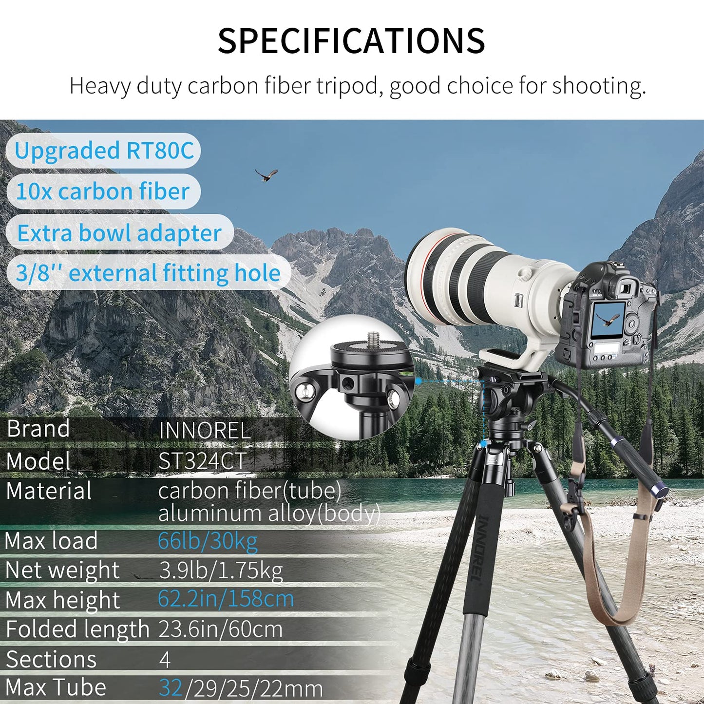 INNOREL ST324CT/ST324CF Carbon Fiber Tripod Max Height 160cm Max Load 30kg Max Tube Dia 32mm Professional Birdwatching Heavy Duty Camera Stand (Rotate