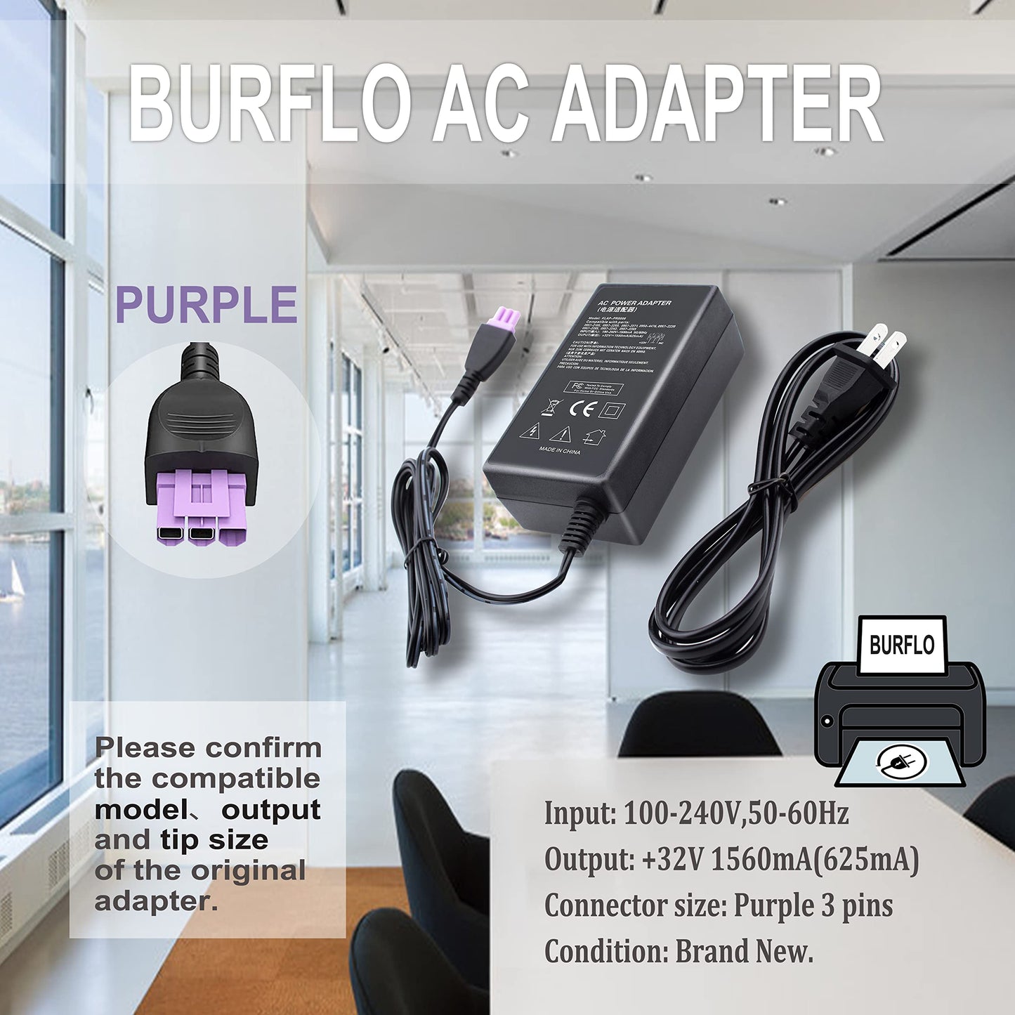BURFLO 32V 1560mA 0957-2105 Ac Adapter 0957-2269 Compatible with B210 C7250 C7280 C5180 2620 4500 6000 6500 6840 6940 0957-2286 Power Supply Cord
