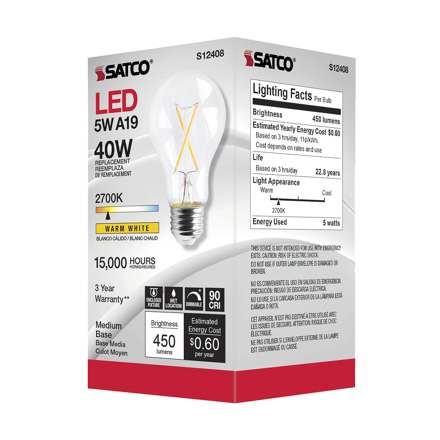 Satco S12408, Clear, Medium Base, 2700K, 90 CRI, 120 Volt, 5 Watt LED A19 Bulb