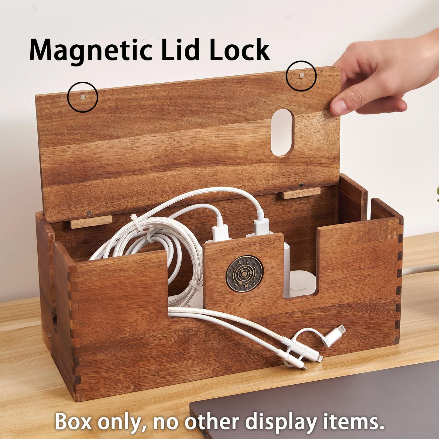 TREELF Acacia Wood Cable Management Box - Wooden Cord Hider & Organizer for Desk & Floor, Power Strip & TV Wire Concealer, Under Desk Storage for